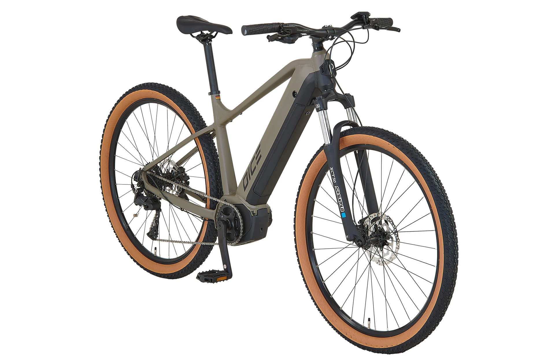 Diagonalansicht Prophete E-MTB Dice vor weißem Hintergrund