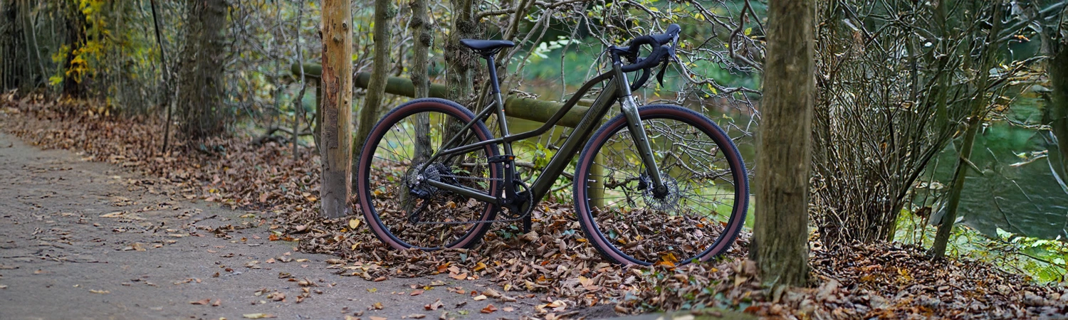 Vollansicht seitlich Prophete Graveler Gravel E-Bike mit Akku im Unterrohr vom Trapezrahmen integriert vor Bäumen und Sträuchern auf Untergrund mit Asphalt und Blättern