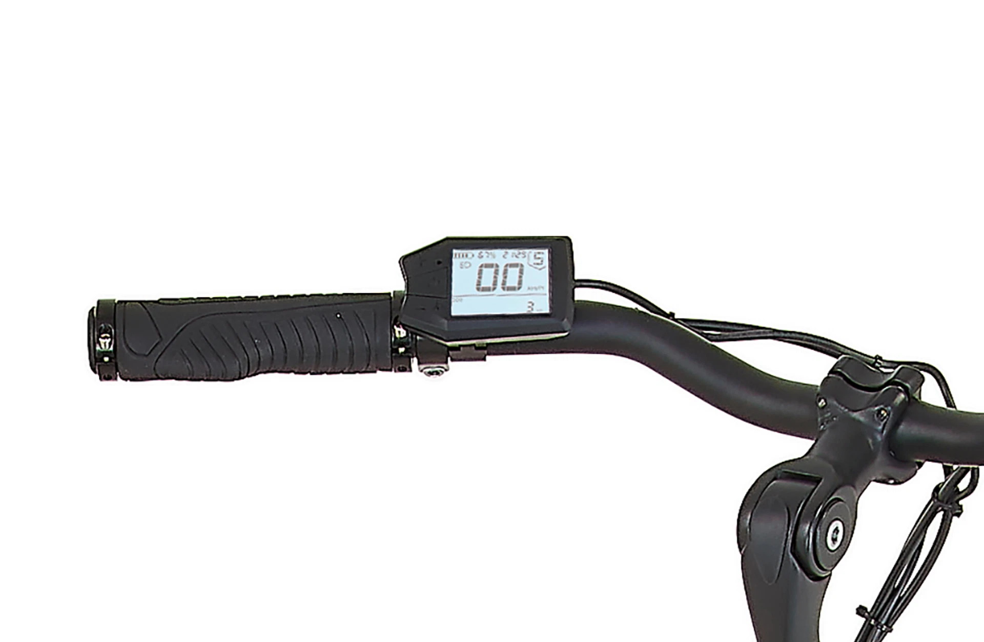 Bildausschnitt Detailansicht LCD-Display am Lenker (angeschaltet) vor weißem Hintergrund