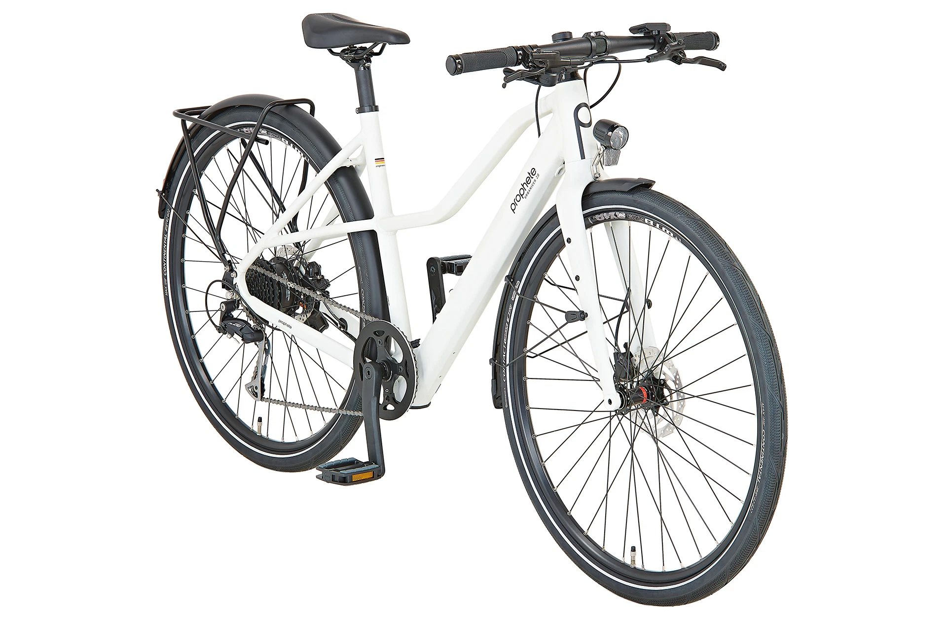 Vollansicht diagonal Prophete URBANICER 2.0 Urban E-Bike mit Trapezrahmen vor weißem Hintergrund