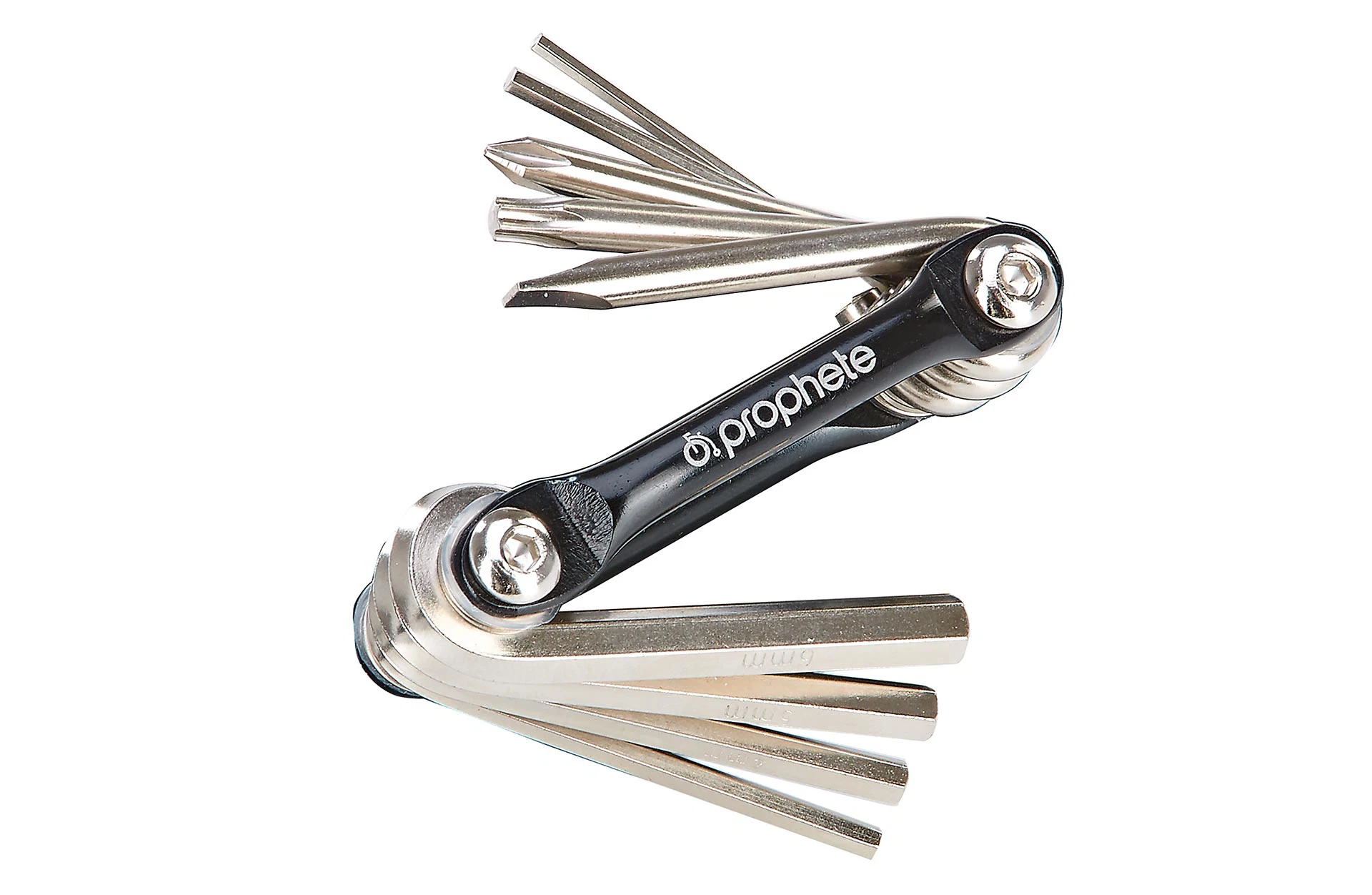Multitool schwarz mit Prophete Logo ausgeklappt - diagonale Ansicht auf weißem Grund