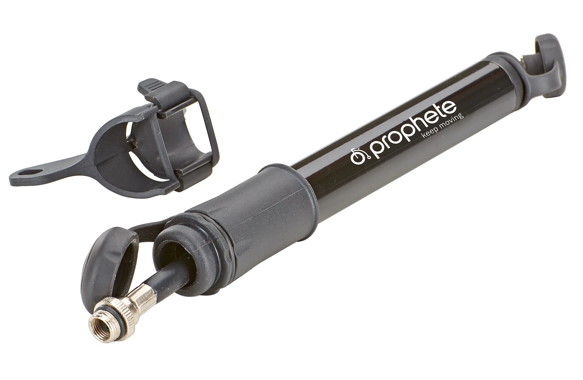 Handpumpe schwarz Schlauchfach offen - diagonale Ansicht auf weißem Grund