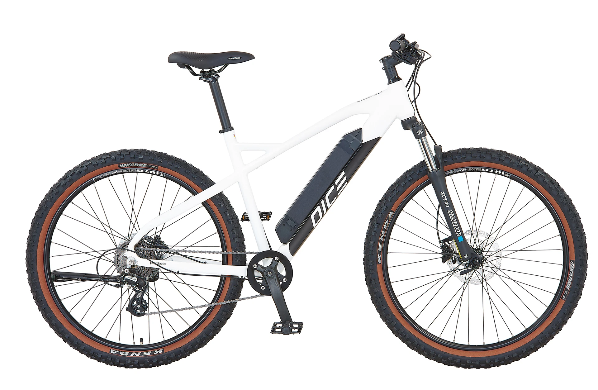 Vollansicht seitlich Prophete DICE E-MTB Hardtail mit Akku am Unterrohr vor weißem Hintergrund