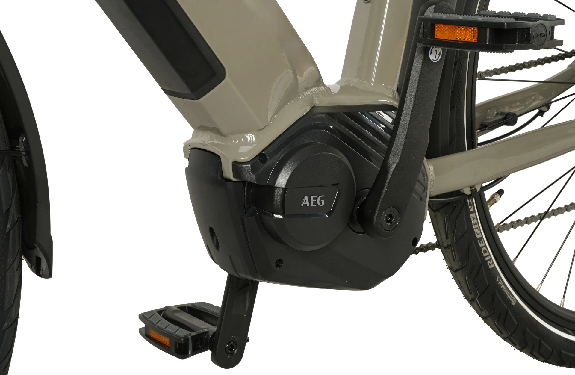 Entdecker 3.0 Trekking E-Bike olivgrün - Detailansicht Motor auf weißem Grund