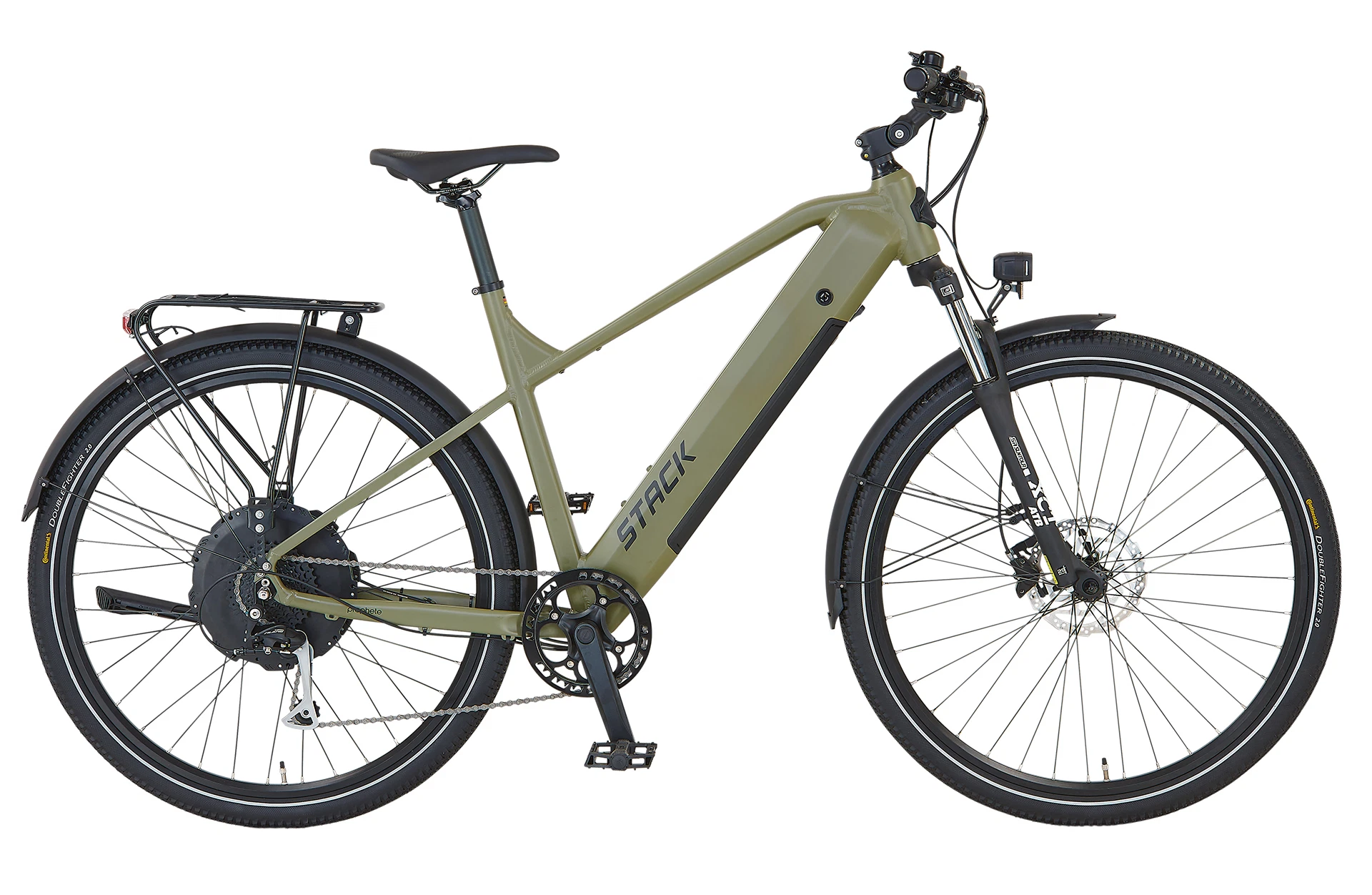 Seitliche Vollansicht Prophete STACK E-Bike samt integriertem Akku, Federgabel, Hinterradmotor und hydraulischen Scheibenbremsen vor weißem Hintergrund