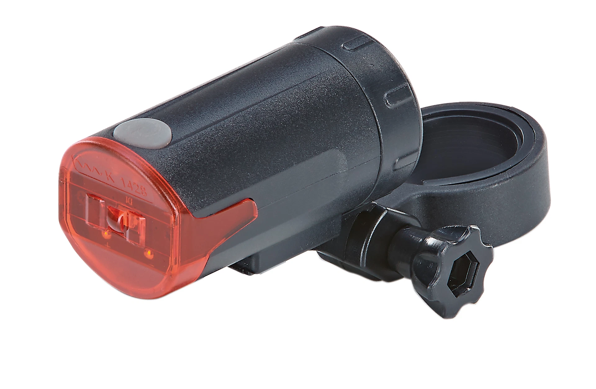 Rücklicht rot mit grauem Knopf und Befestigung - diagonale Ansicht auf weißem Grund