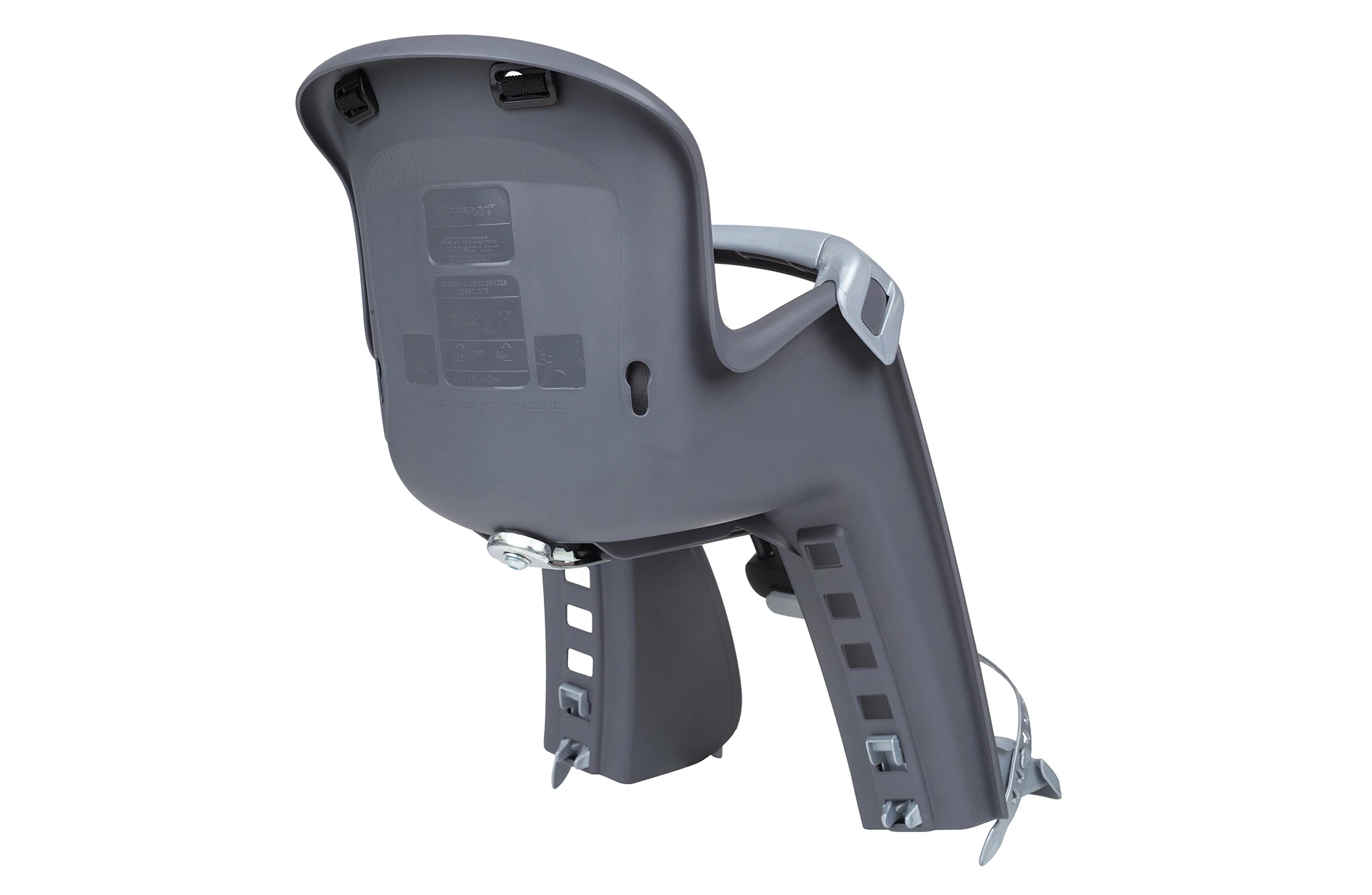 Rückansicht des grauen Kindersitzes, montiert am Rahmen eines Fahrrads