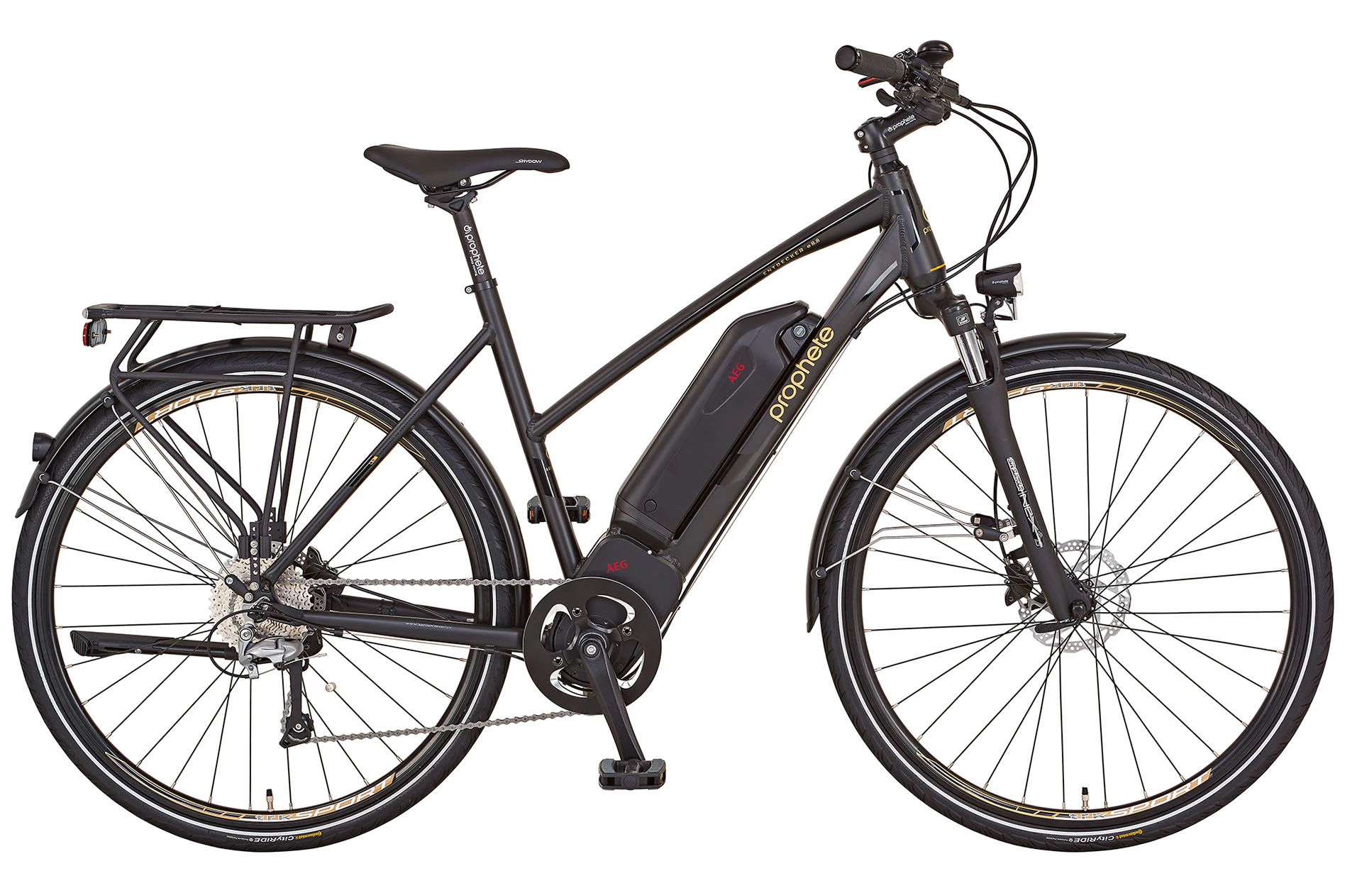 Vollansicht seitlich Prophete Entdecker eSport Trekking E-Bike mit Trapezrahmen vor weißem Hintergrund