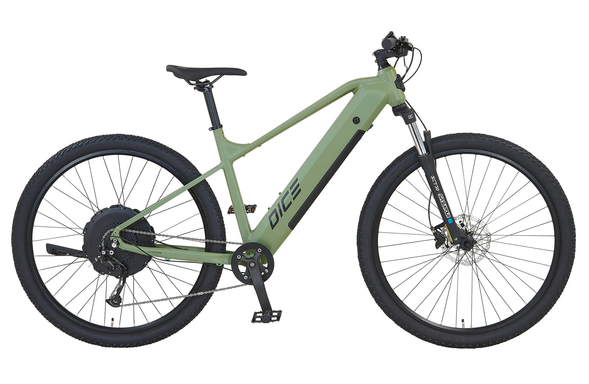 Vollansicht seitlich Prophete DICE 2.8 E-MTB Hardtail mit vollständig integriertem Akku im Unterrohr vor weißem Hintergrund