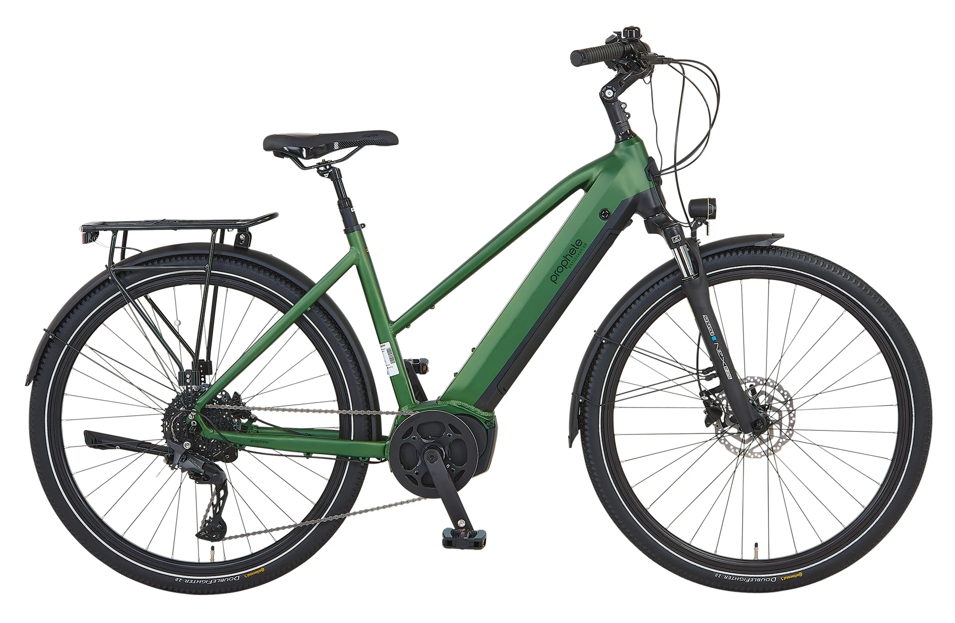 Vollansicht seitlich Prophete Entdecker 4.9 Trekking E-Bike mit vollintegriertem Akku im Trapezrahmen vor weißem Hintergrund