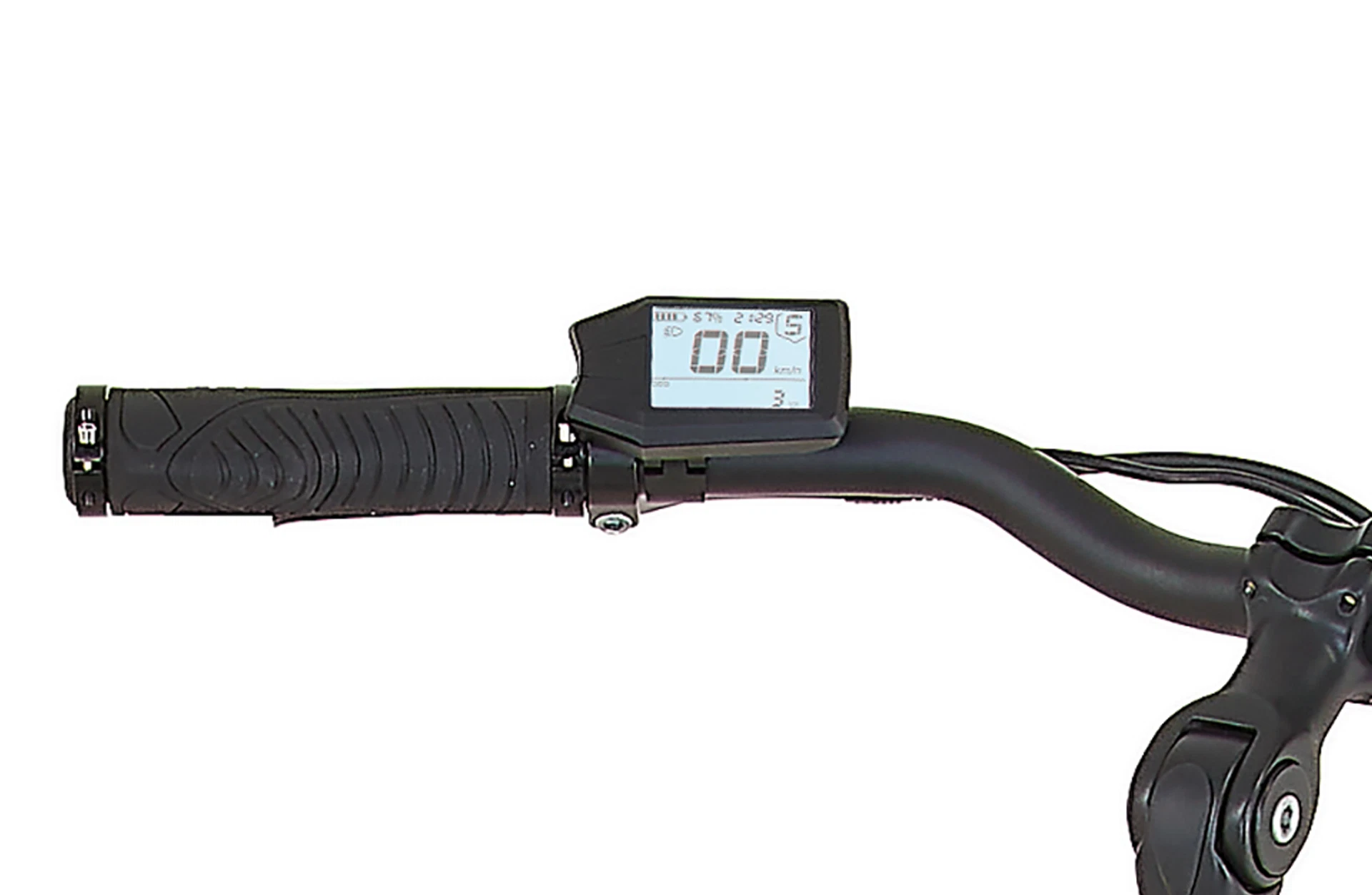 Bildausschnitt Detailansicht LCD-Display am Lenker (angeschaltet) vor weißem Hintergrund