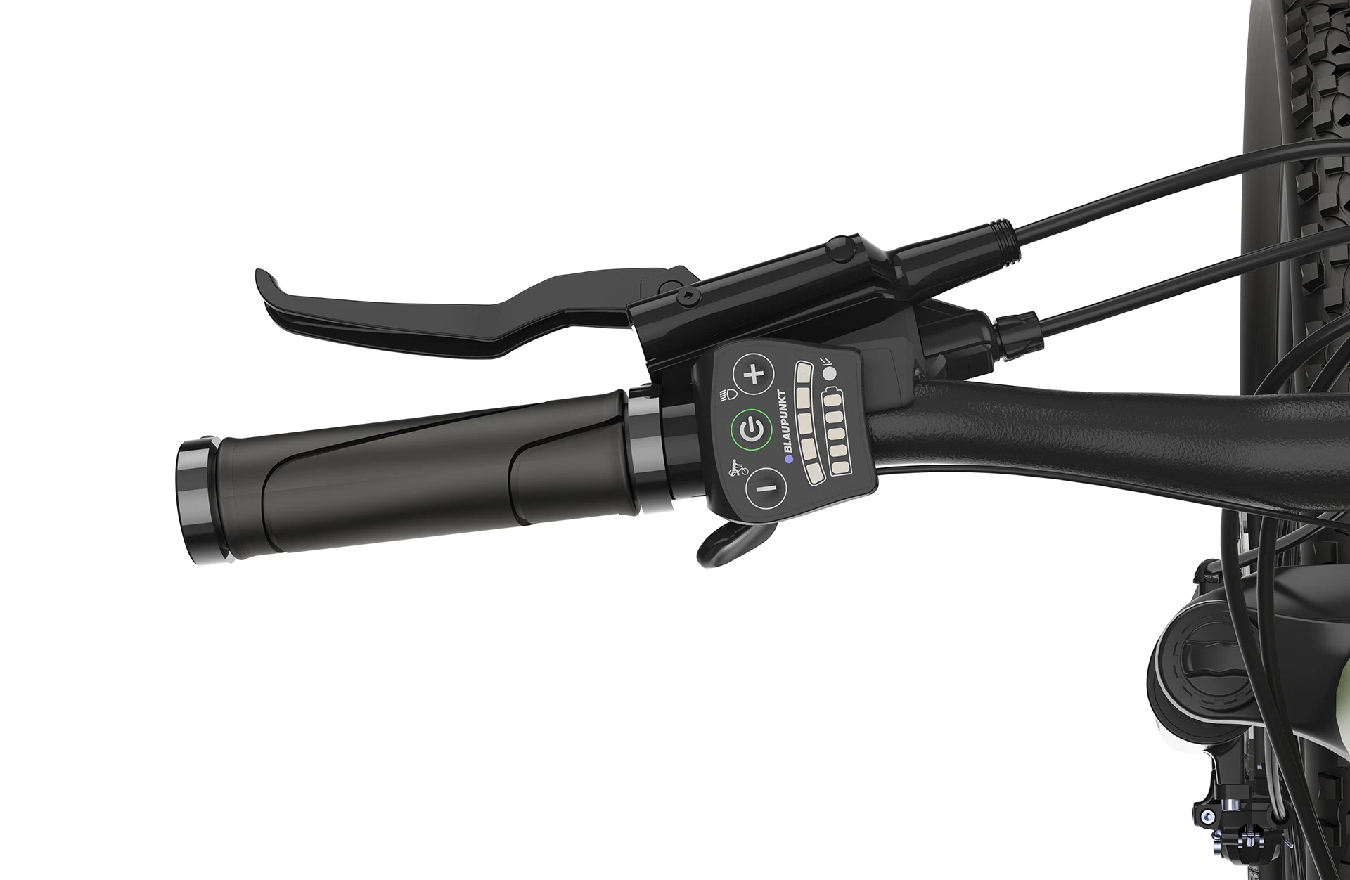 Bildausschnitt Detailansicht LED-Display am Lenker (angeschaltet) vor weißem Hintergrund