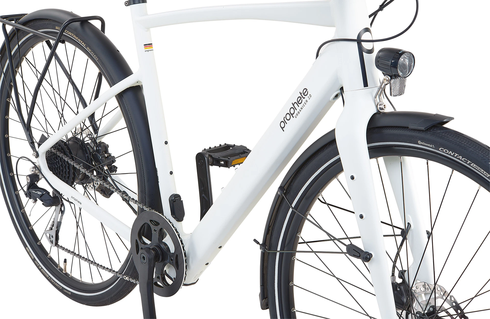 Bildausschnitt Rahmen mit angeschnittenen Vorder- und Hinterreifen und Prophete Logo vor weißem Hintergrund