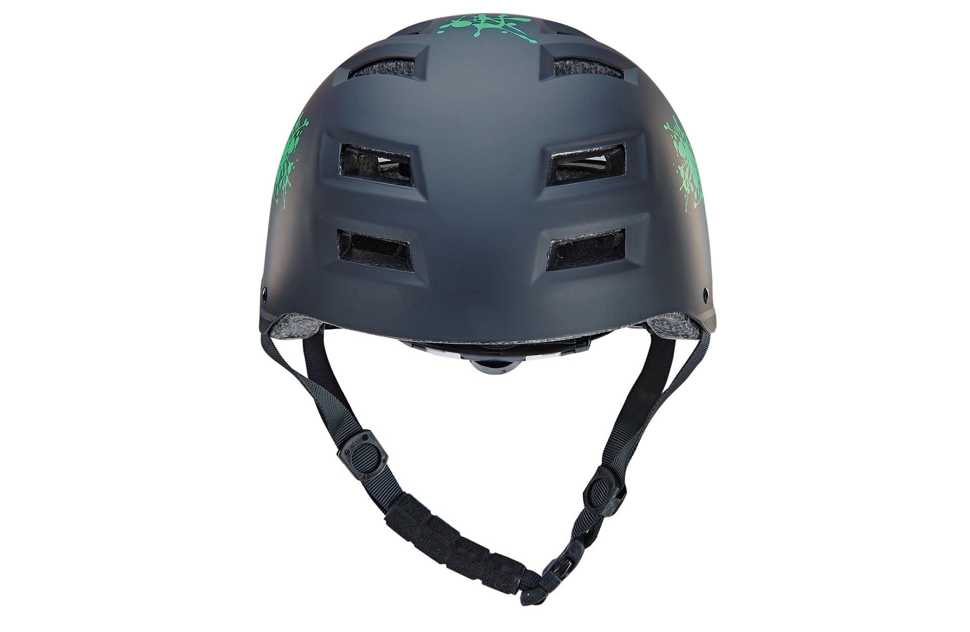 Fahrradhelm schwarz/grün - Ansicht von vorne auf weißem Grund