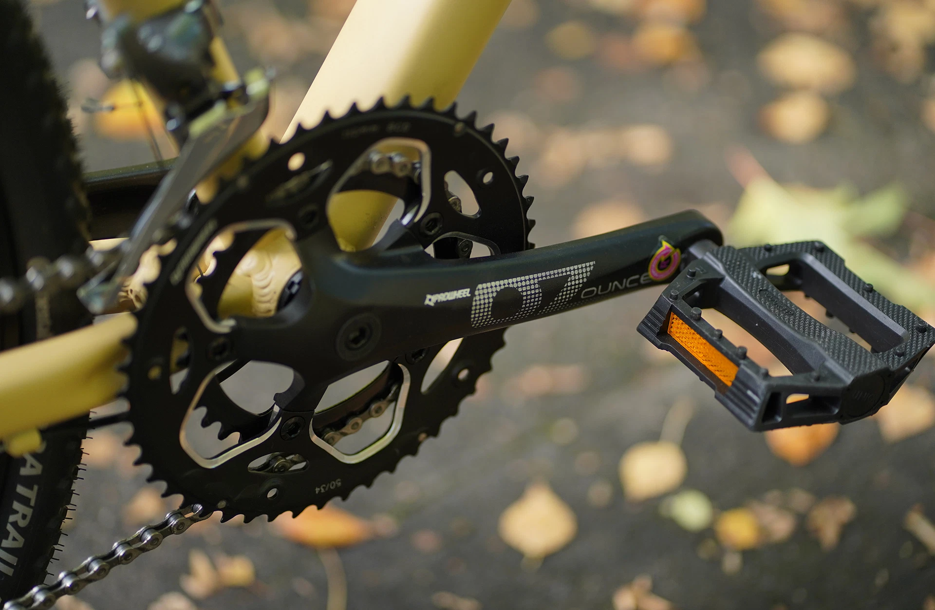 Bildausschnitt Detailansicht Kettenblatt mit Kurbelgarnizur und PEdalen vor waldigem Untergrund (unscharf)