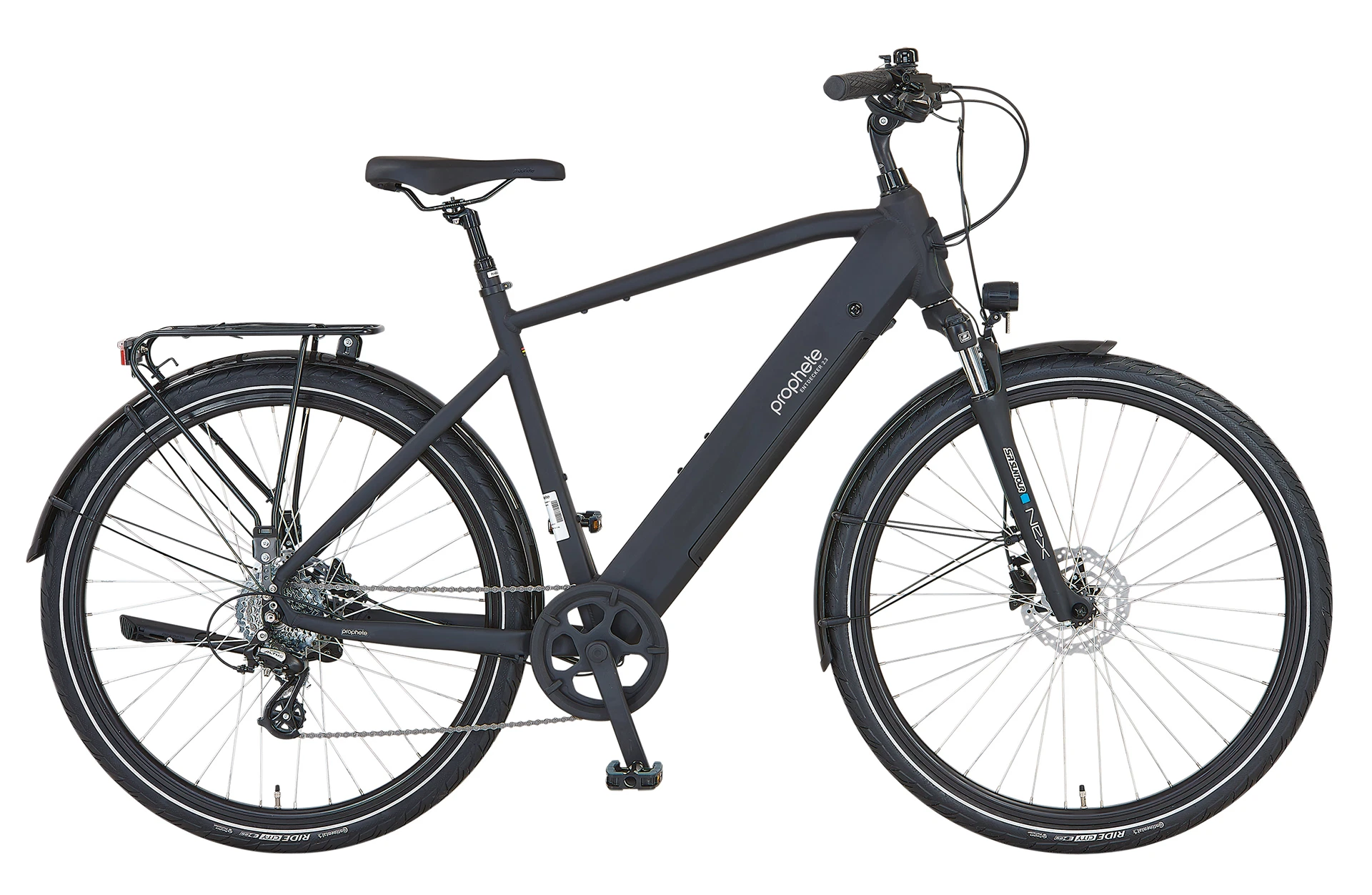Vollansicht seitlich Prophete Entdecker 2.3 Trekking E-Bike vor weißem Hintergrund