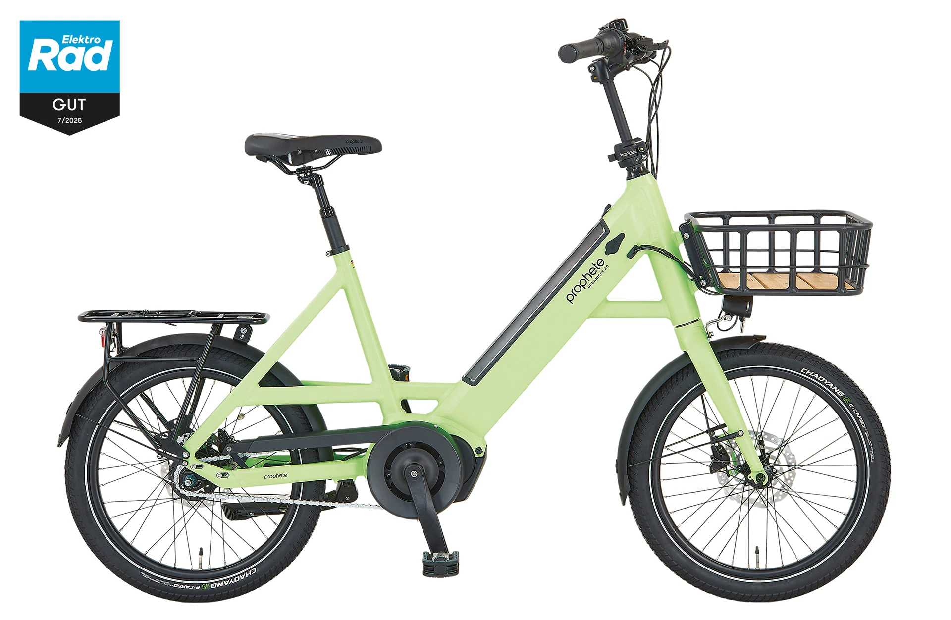 Seitenansicht Prophete Urbanicer 3.0 E-Lastenrad mit Frontträger und vollintegriertem Akku