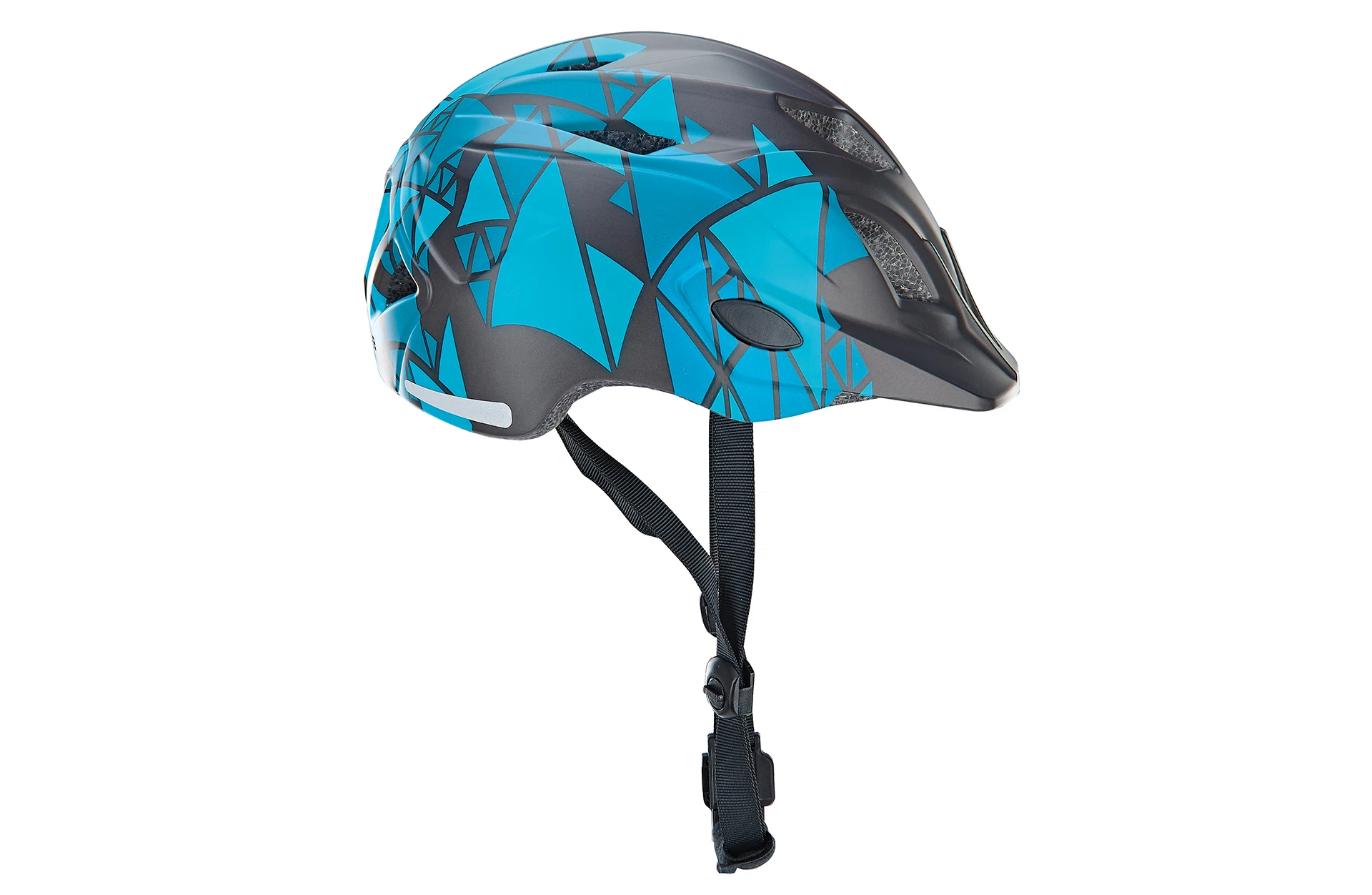 Fahrradhelm Kinder schwarz/blau - seitliche Ansicht auf weißem Grund