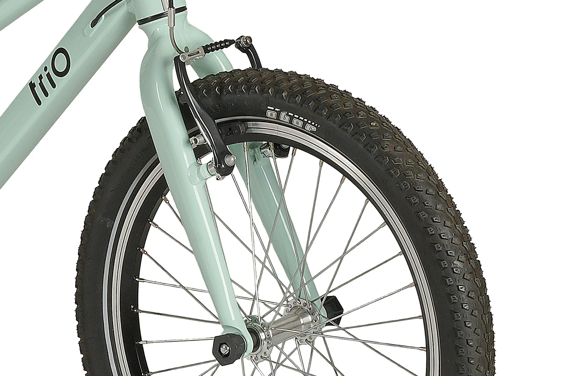 Trio Kinder Mountainbike mint - Detailansicht Gabel auf weißem Grund