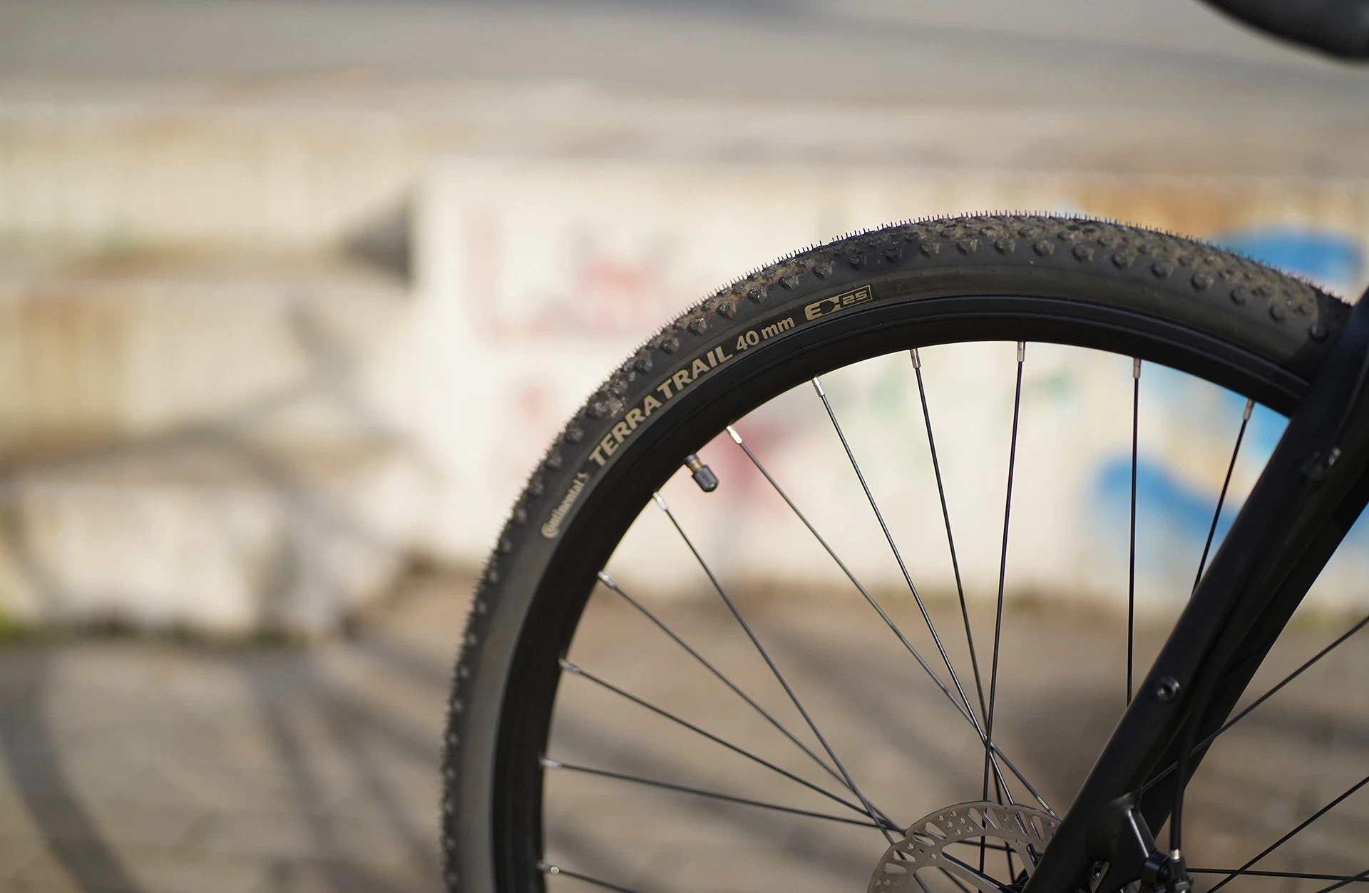 Bildausschnitt Detailansicht Vorderrad mit Scheibenbremse vor urbanem Hintergrund