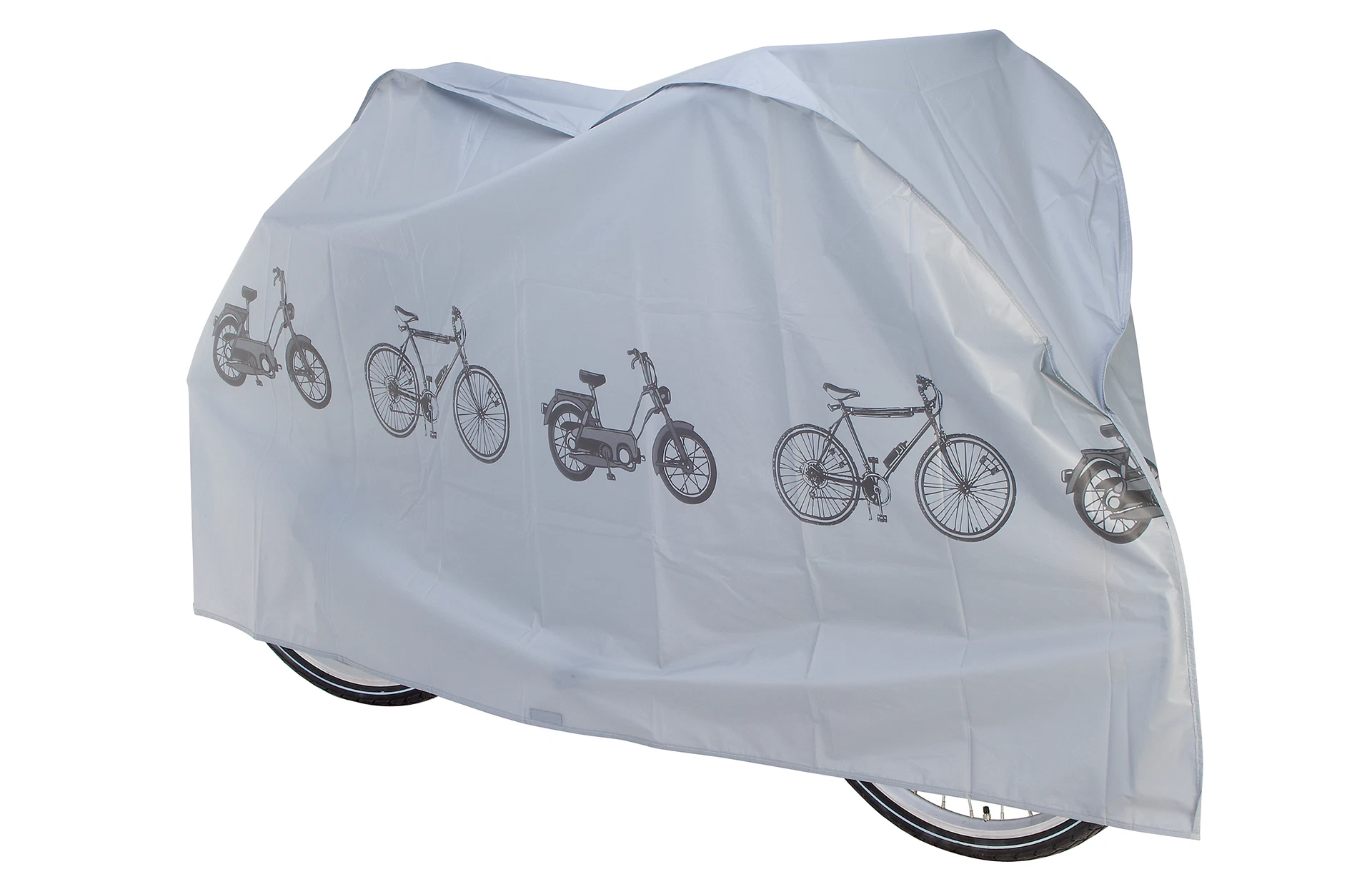 Faltgarage silber mit Fahrradmotiv - diagonale Ansicht auf weißem Grund