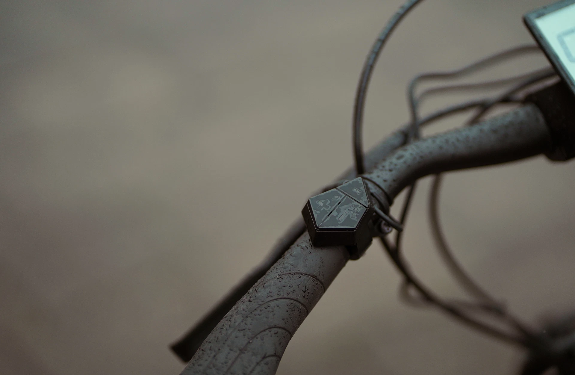 Bildausschnitt Lenker mit Ergogriffen und Bedieneinheit für LCD-Display vor unscharfem Hintergrund