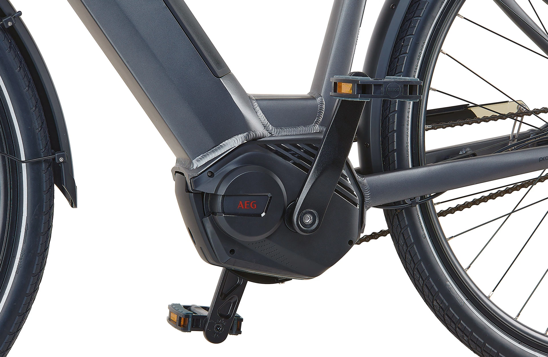 Geniesser 3.0 grau City E-Bike - Detailansicht Motor auf weißem Grund