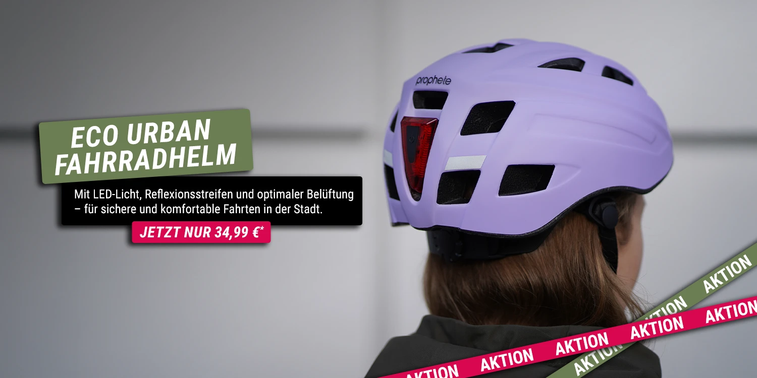 Frau mit lila Prophete Eco Urban Fahrradhelm für nachhaltige Sicherheit beim Radfahren