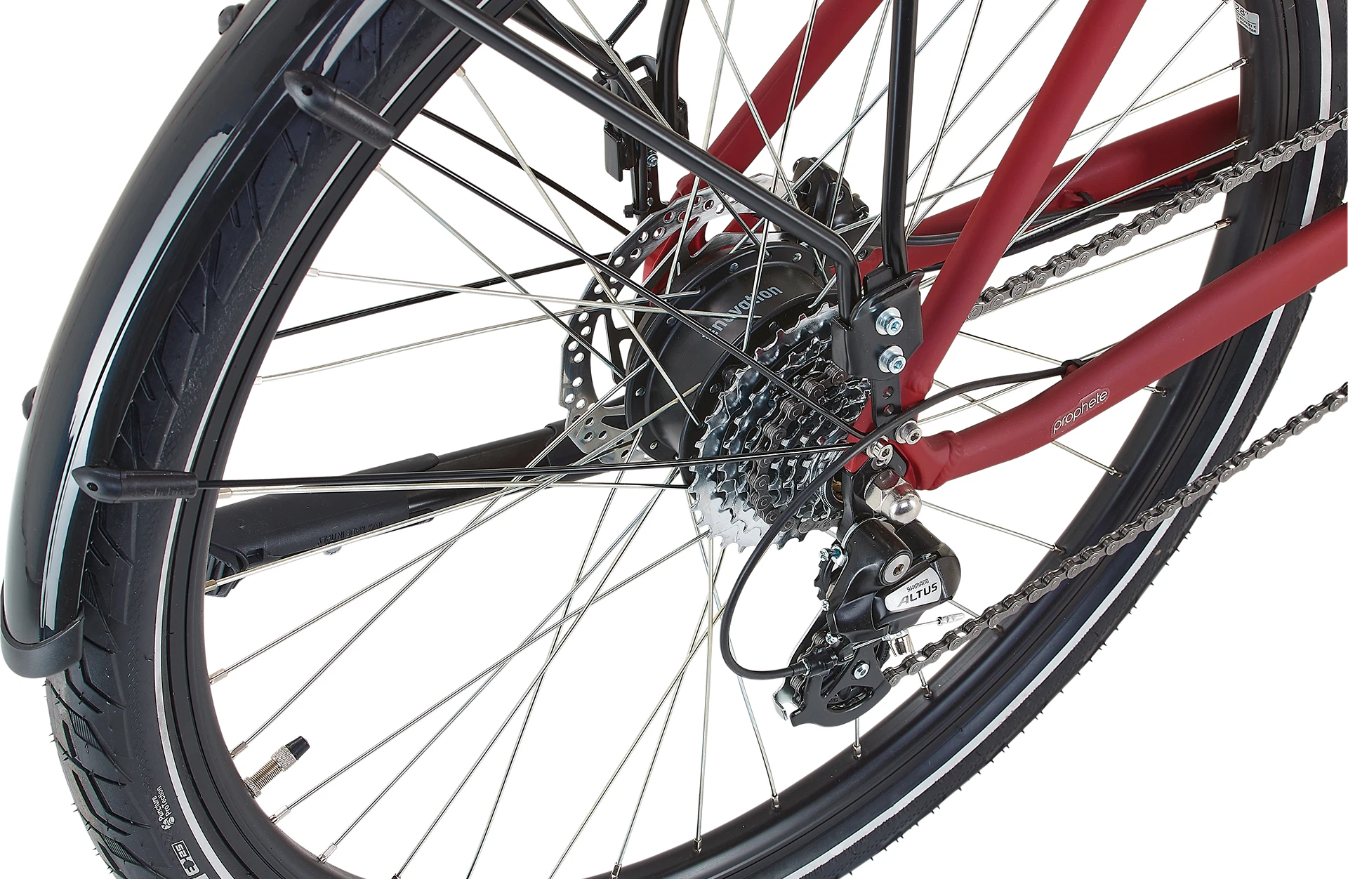 Bildausschnitt Detailansicht Heckmotor am Hinterrad mit Schaltung und Hinterbauständer vor weißem Hintergrund