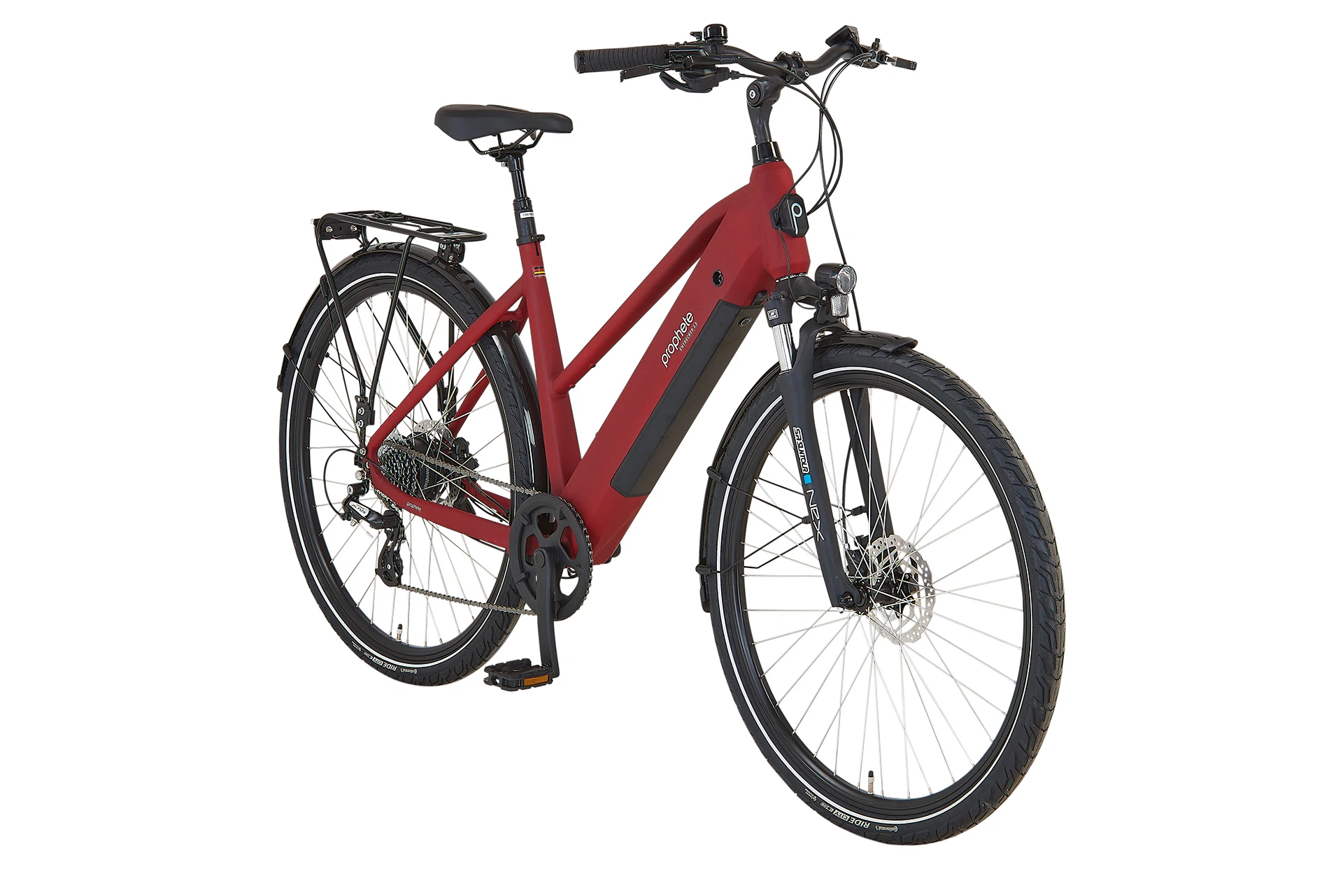 Vollansicht diagonal Prophete Entdecker 2.3 Trekking E-Bike mit trapezrahmen vor weißem Hintergrund