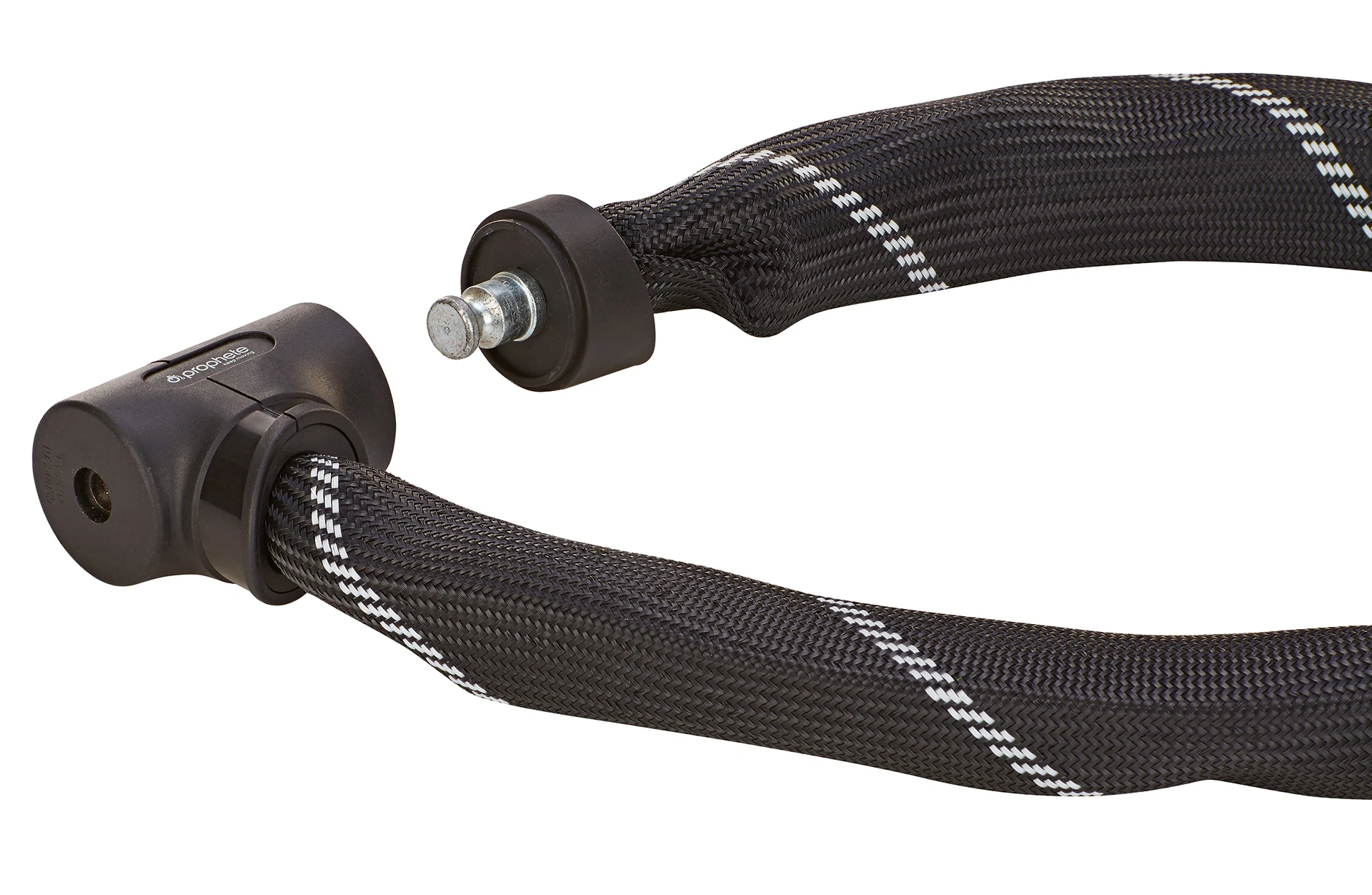 Kettenschloss schwarz geöffnet - Detailansicht auf weißem Grund