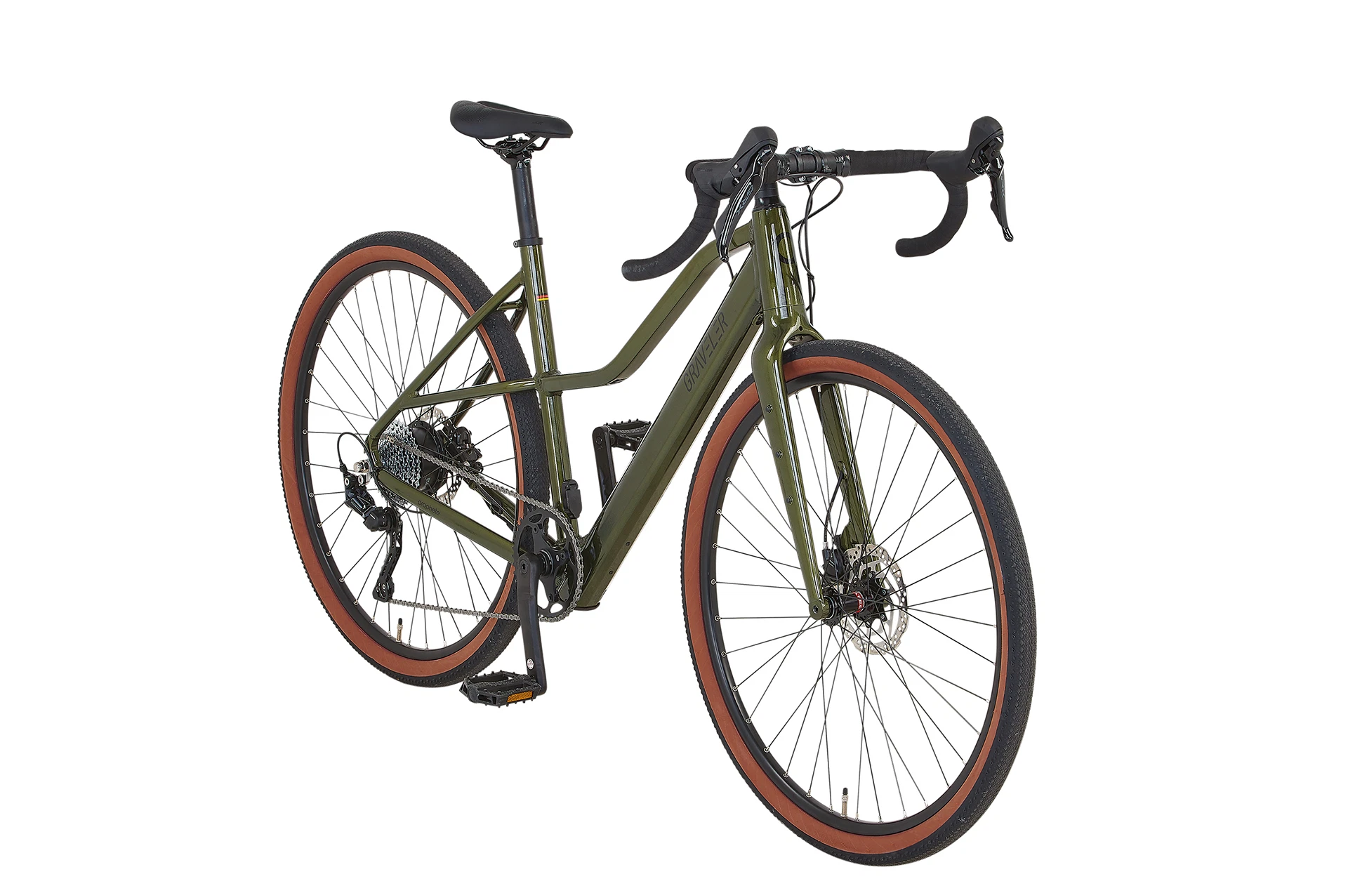 Vollansicht diagonal Prophete Graveler E-Gravelbike mit Trapezrahmen mit vollintegriertem Akku und Gravellenker vor weißem Hintergrund