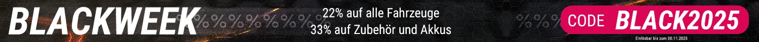 Werbebanner für Blackweek, dunklem Hintergrund mit Wabenstruktur und dynamischen Lichtreflexionen. Im Vordergrund Text 22% Rabatt auf Fahrzeuge, 33% auf Zubehör und Akkus, Code BLACK2025 gültig bis 30.11.2025.