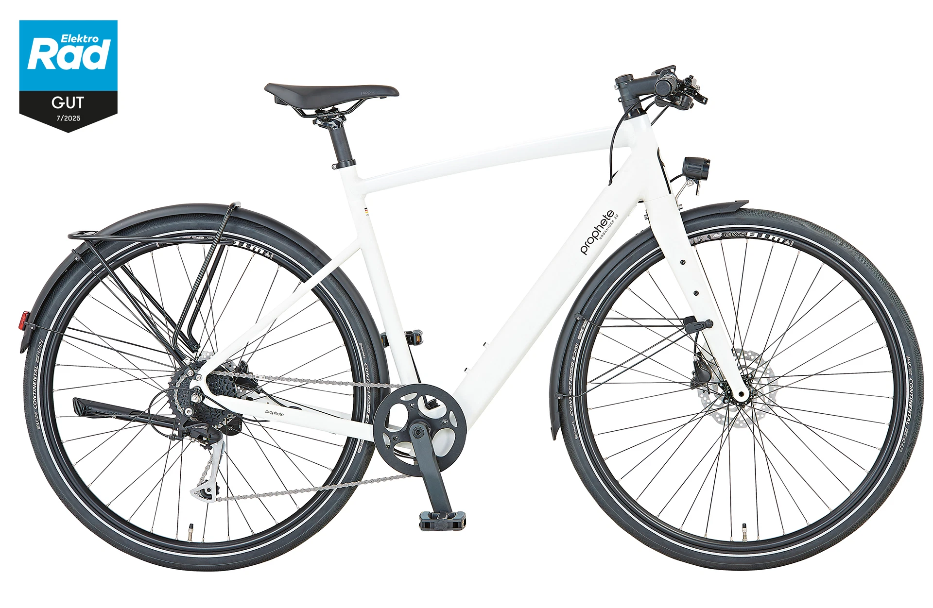 Vollansicht seitlich Prophete URBANICER 2.0 Urban E-Bike mit Diamantrahmen vor weißem Hintergrund