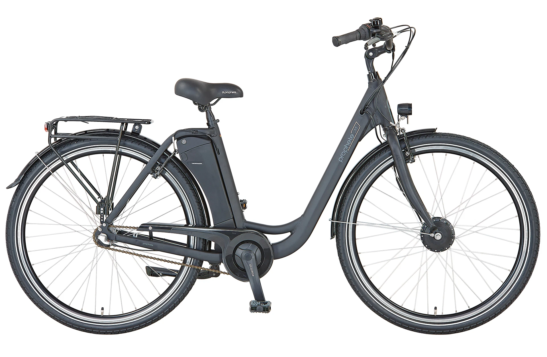 Vollansicht seitlich Prophete Geniesser 1.0 City E-Bike vor weißem Hintergrund