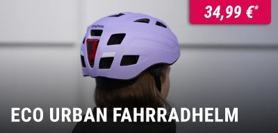 Frau mit lila Prophete Eco Urban Fahrradhelm für nachhaltige Sicherheit beim Radfahren