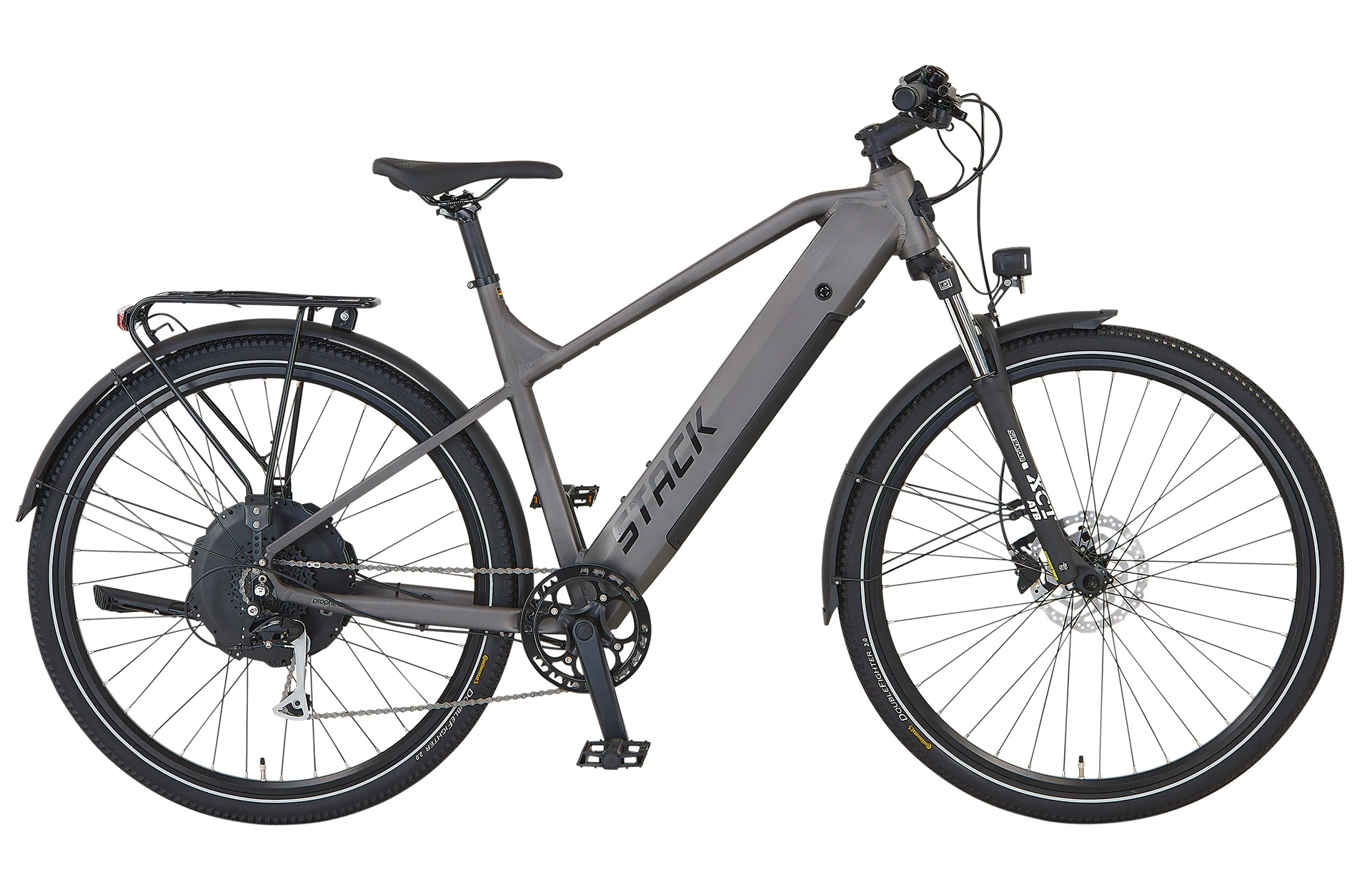 Vollansicht seitlich Prophete Stack 2.3 Hardtail E-Bike vor weißem Hintergrund