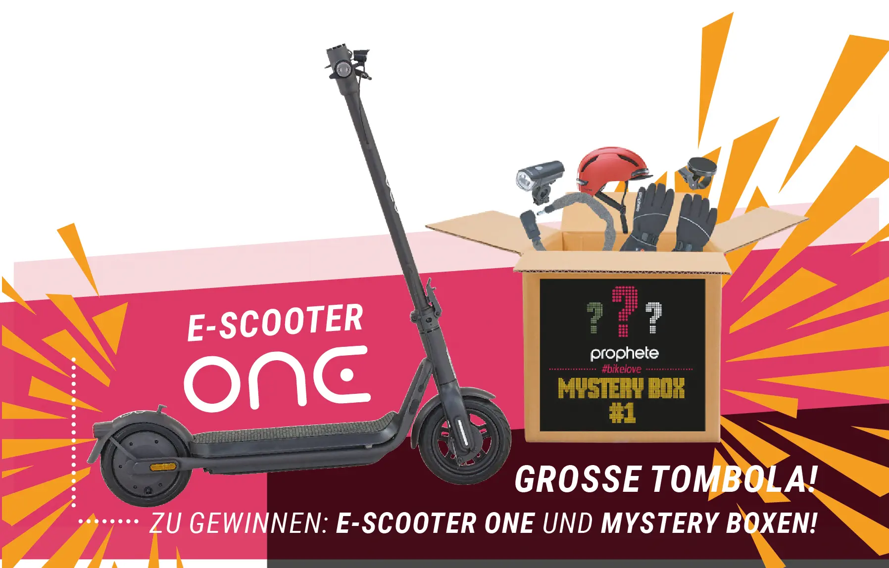 E‑Scooter One und Mystery Box mit Helm, Handschuhen und Licht als Gewinne einer großen Tombola