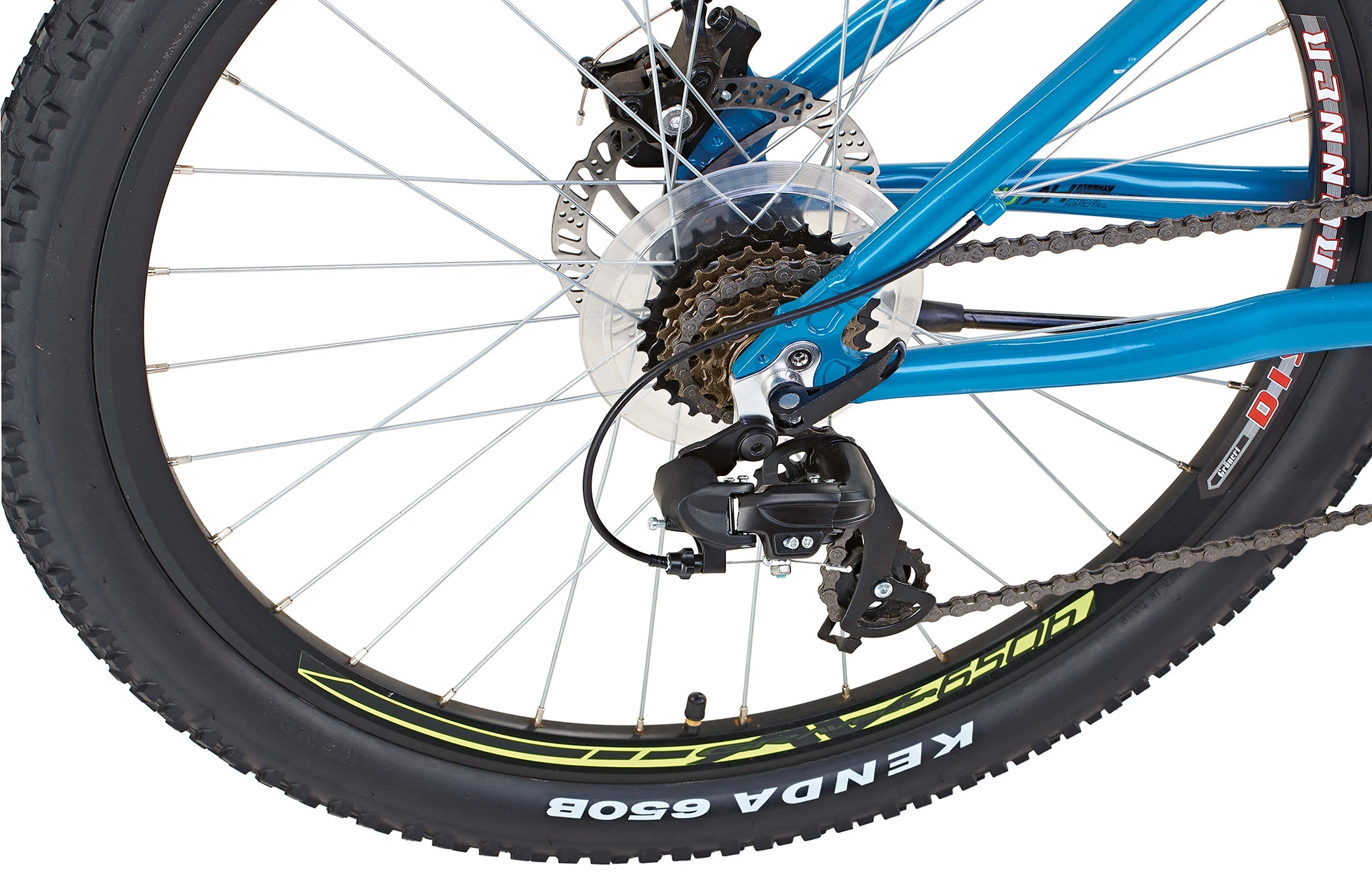 Bildausschnitt Detailansicht Hinterrad mit Gangschaltung, Scheibenbremsen und Radnabe vor weißem Hintergrund