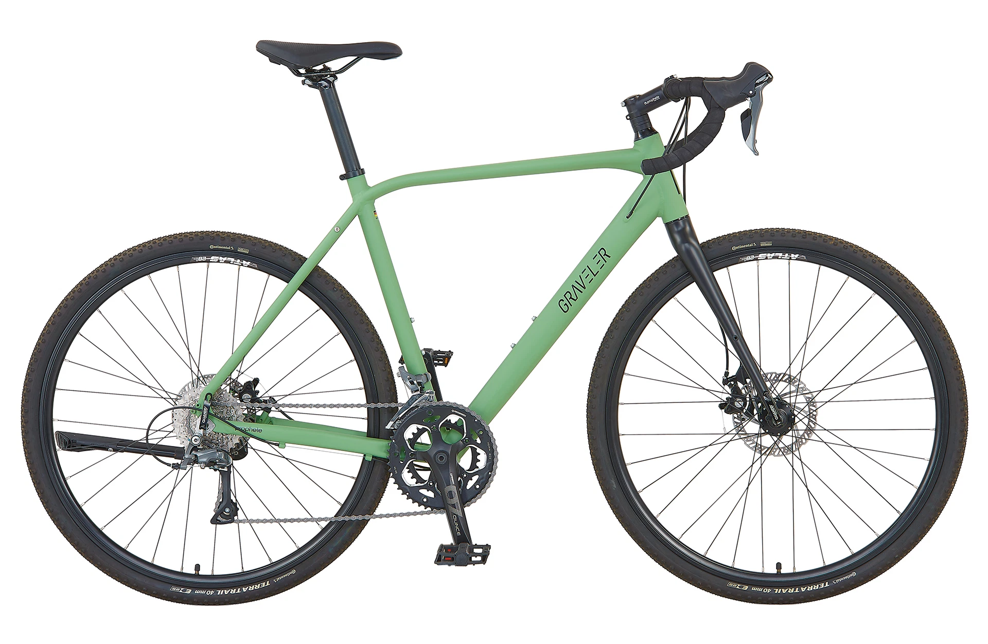 Vollansicht seitlich Prophete Graveler Gravelbike mit Dropbar Rennradlenker vor weißem Hintergrund