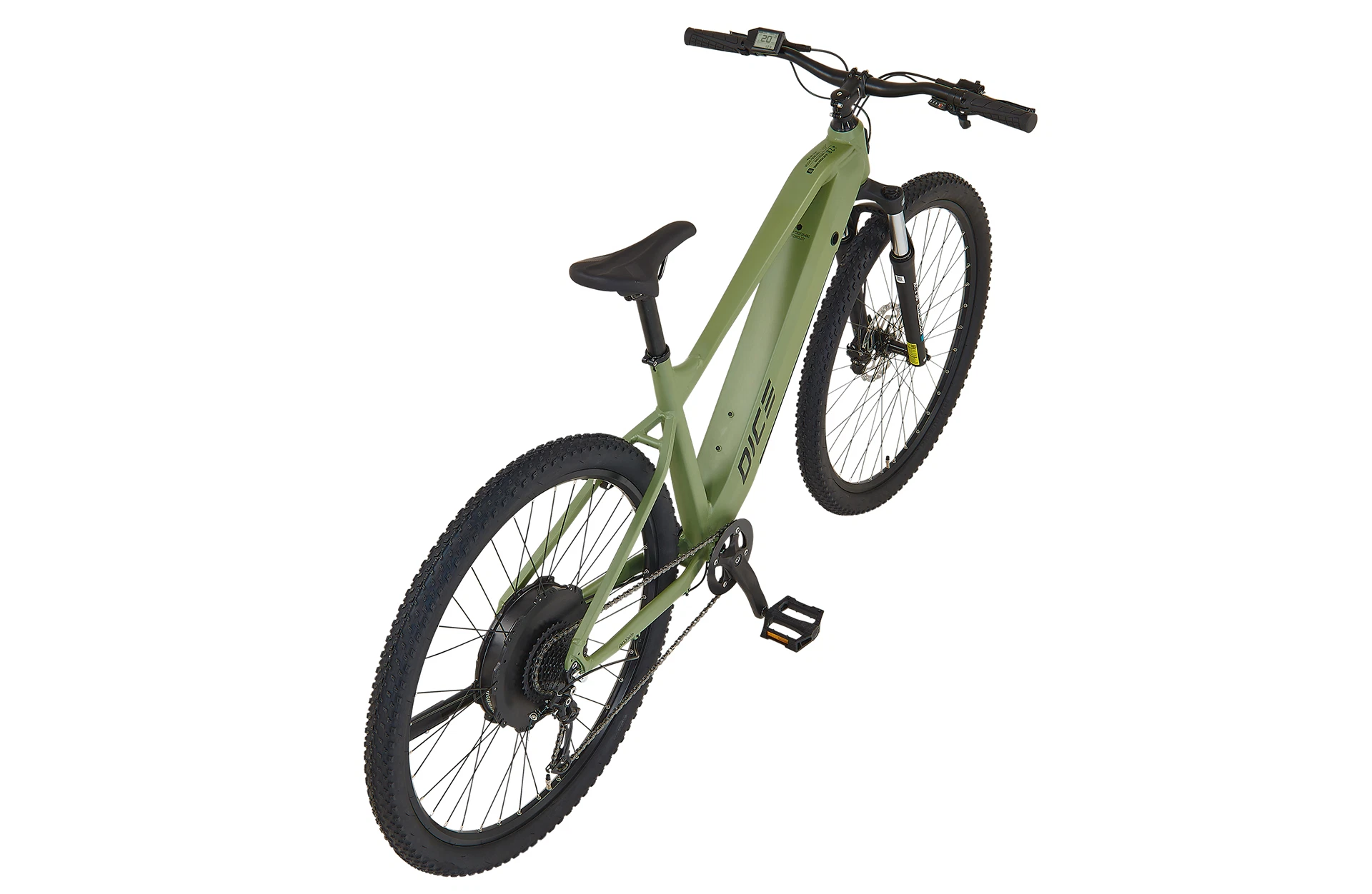 Vollansicht diagonal von hinten oben fotografiert Prophete DICE 2.8 E-MTB Hardtail mit vollständig integriertem Akku im Unterrohr vor weißem Hintergrund