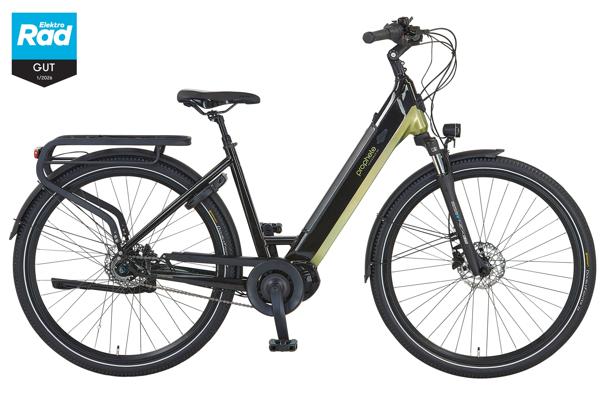 Vollansicht seitlich Prophete Geniesser 5.0 City E-Bike mit tiefem Einstieg, integriertem Akku, Scheibenbremsen und Gepäckträger vor weißem Hintergrund