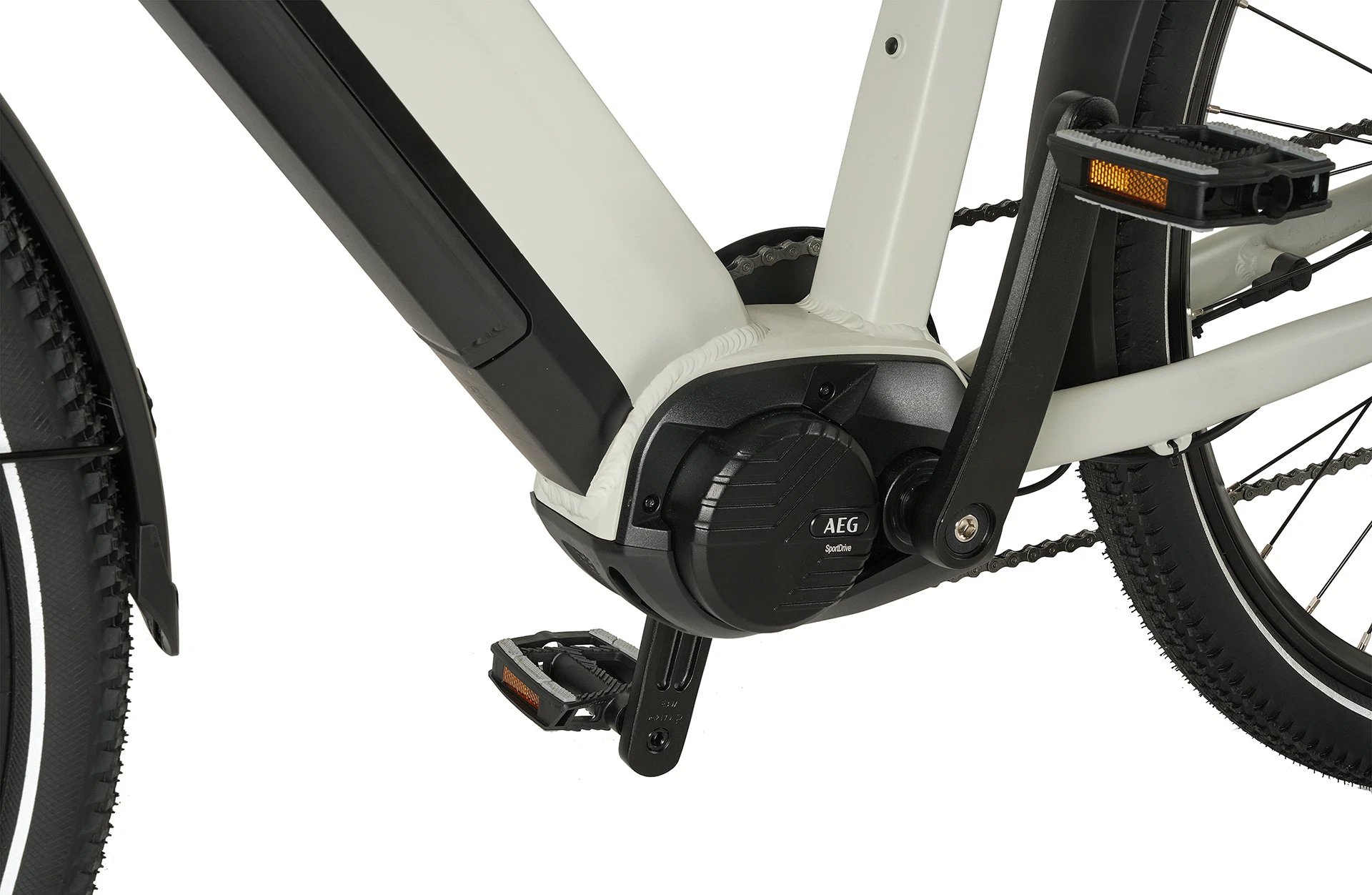 Entdecker 5.0 grau City E-Bike - Detailansicht Motor auf weißem Grund