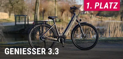 E‑Bike Genießer 3.3 steht auf einem Weg im Grünen, oben rechts Text 1. Platz