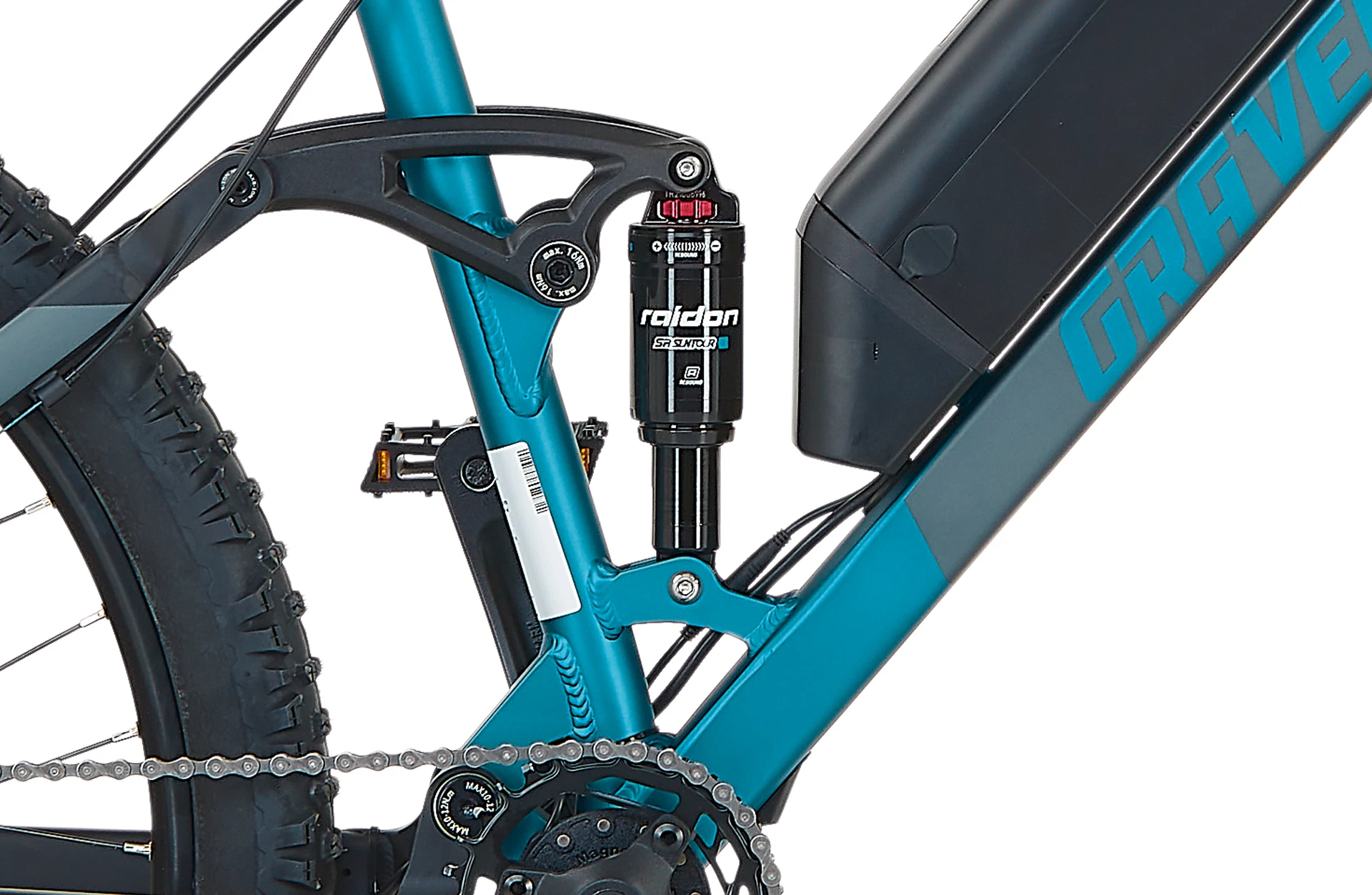 Bildausschnitt Detailansicht Dämpfer am Hinterbau und semiintegrierter AEG Akku im Anschnitt vor weißem Hintergrund