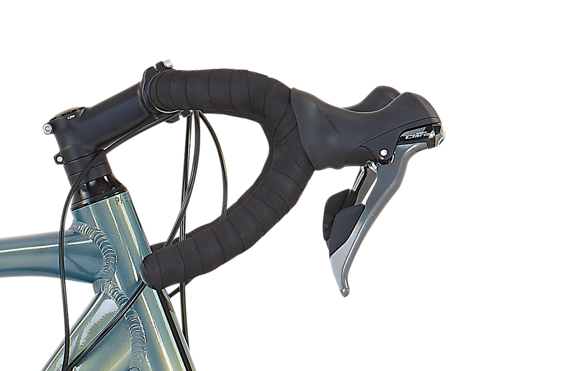 Bildausschnitt Detailansicht Dropbar Lenker seitlich mit Lenkerband und Bremshebeln vor weißem Hintergrund