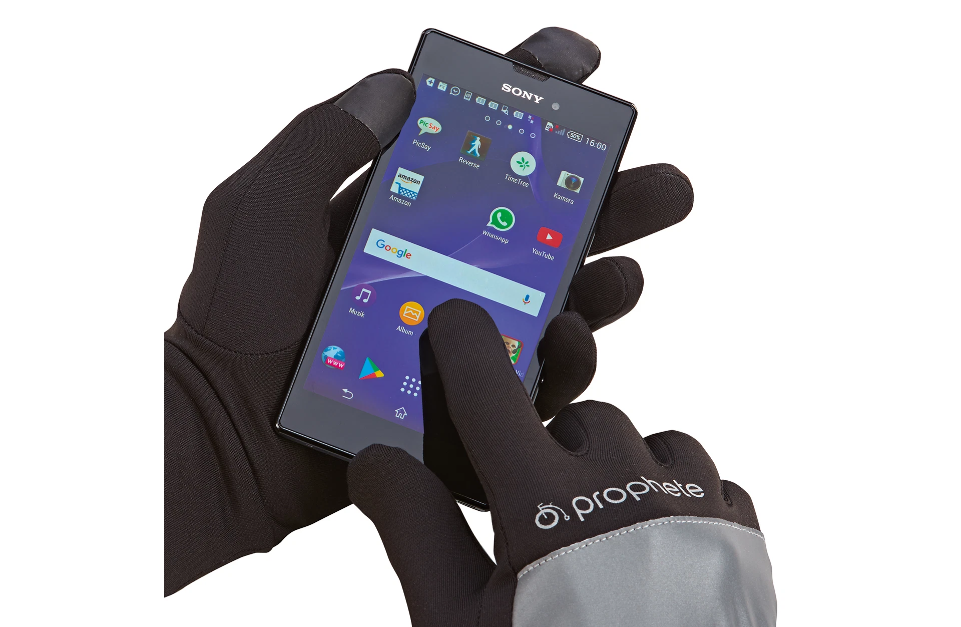 Fahrradhandschuhe bedienen Smartphone - Detailansicht auf weißem Grund