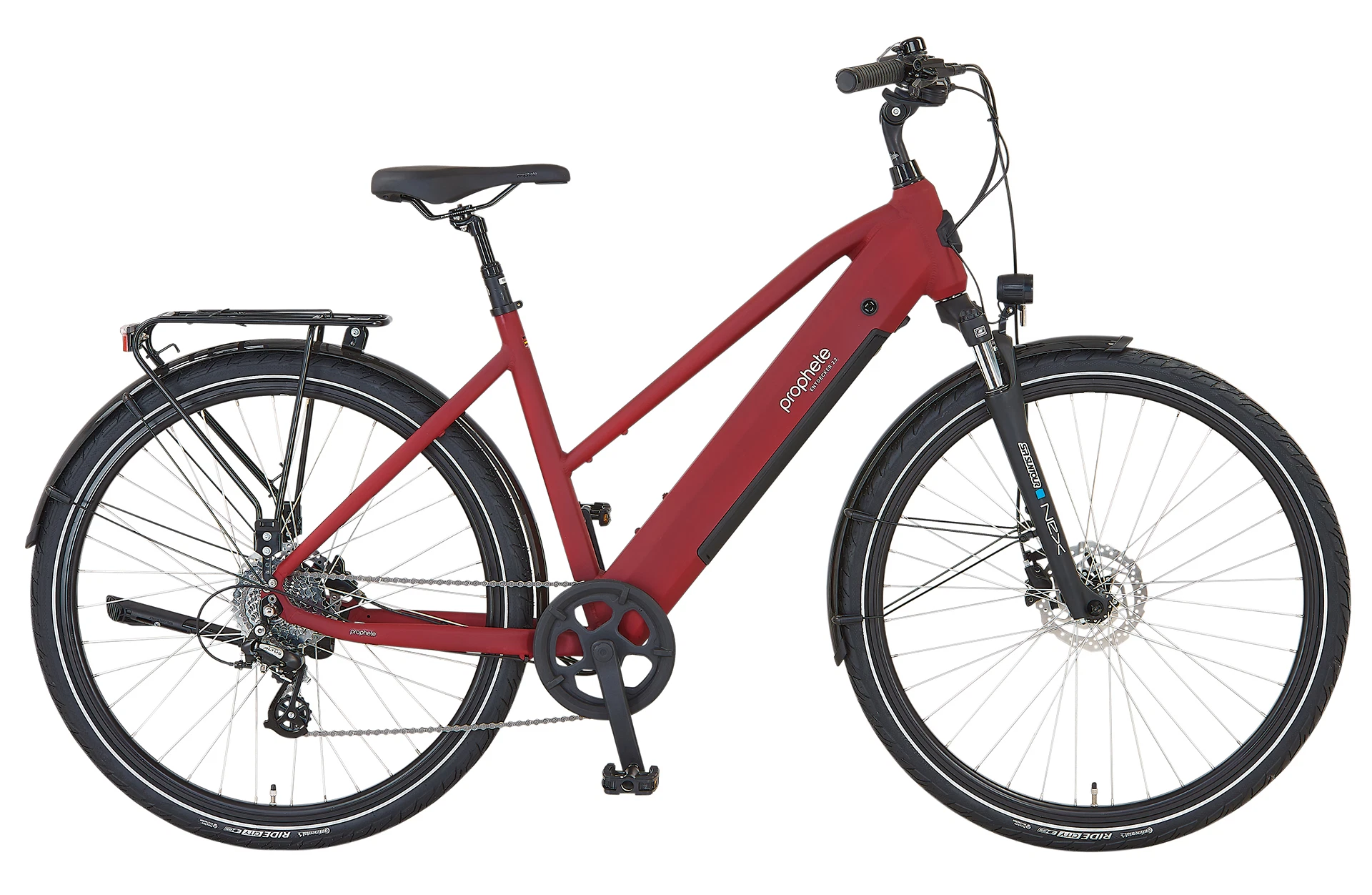 Vollansicht seitlich Prophete Entdecker 2.3 Trekking E-Bike mit Trapezrahmen vor weißem Hintergrund