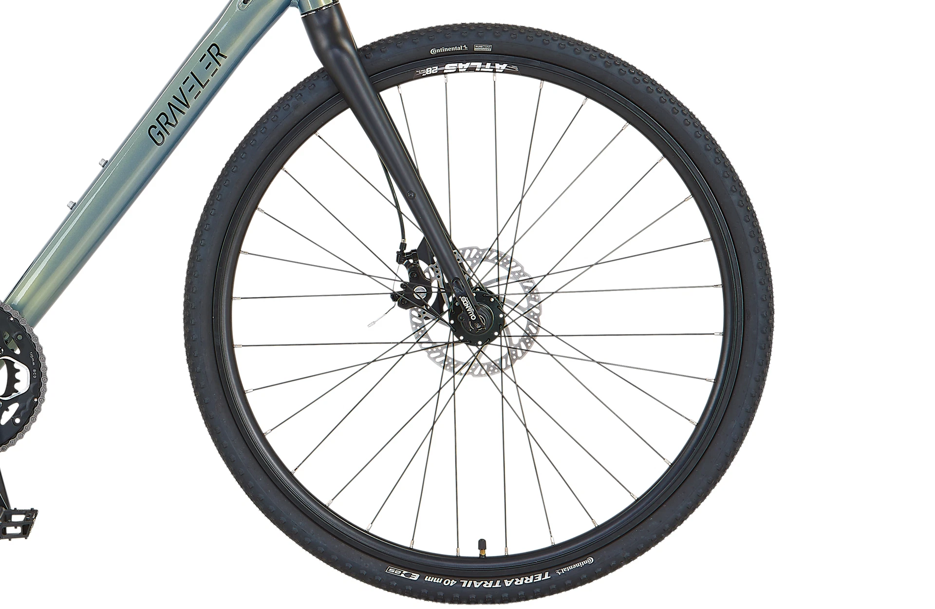 Bildausschnitt Detailansicht Vorderrad mit Scheibenbremsen von Tektro vor weißem Hintergrund