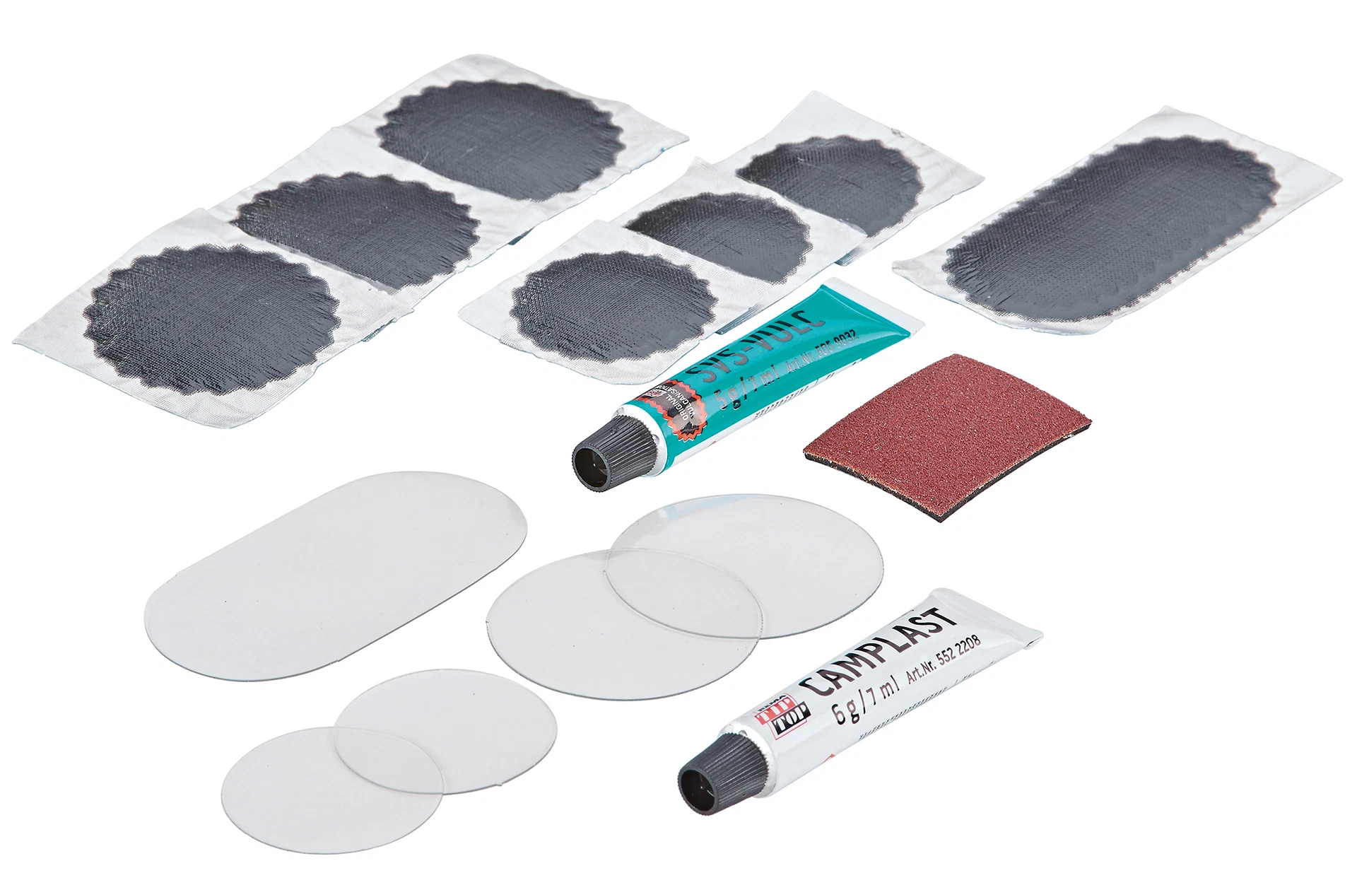 Flickzeug Lieferumfang - diagonale Ansicht auf weißem Grund